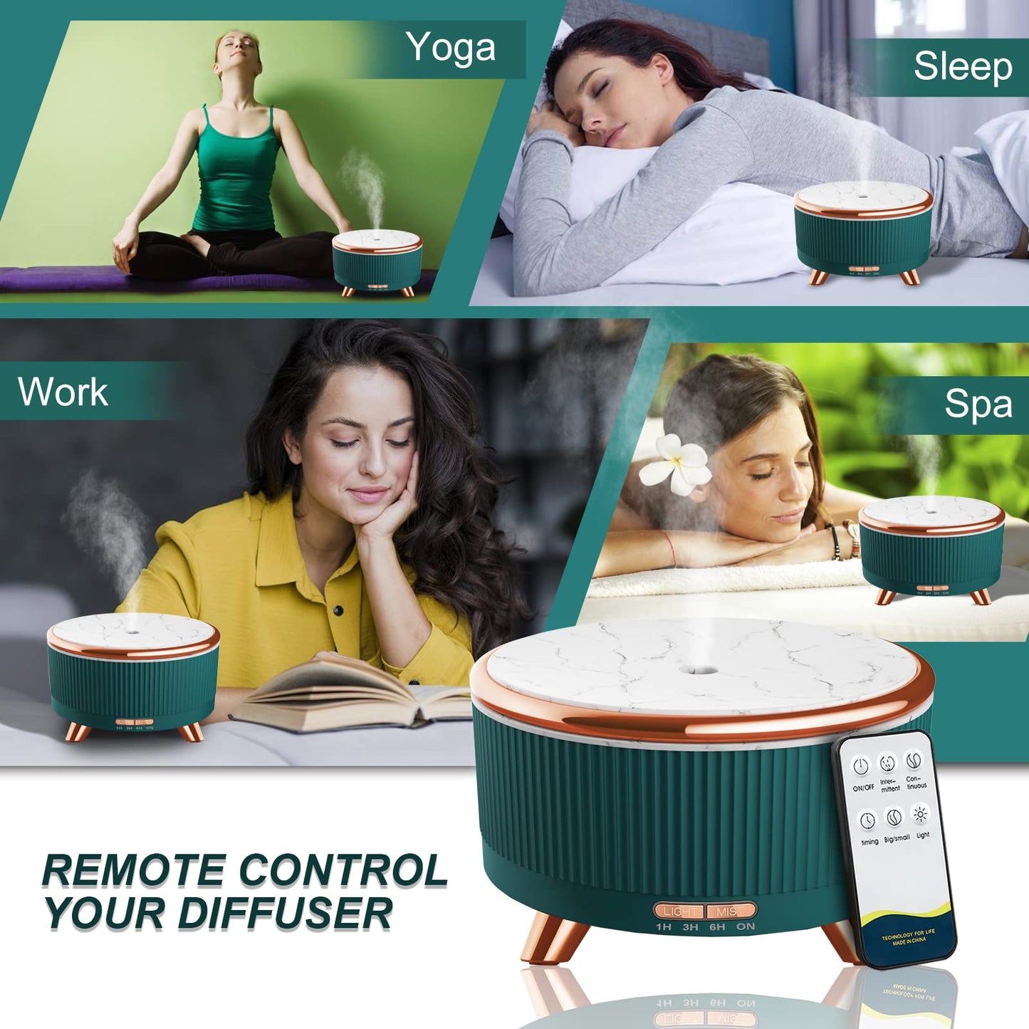 Diffusers for Essential Oils Large Room, 500ml Aromatherapy Oil Diffuser Cool Mist Humidifier with Remote Control,7 Colors Lights & 3 Mist Mode Waterless Auto Off for Women Office Home Black