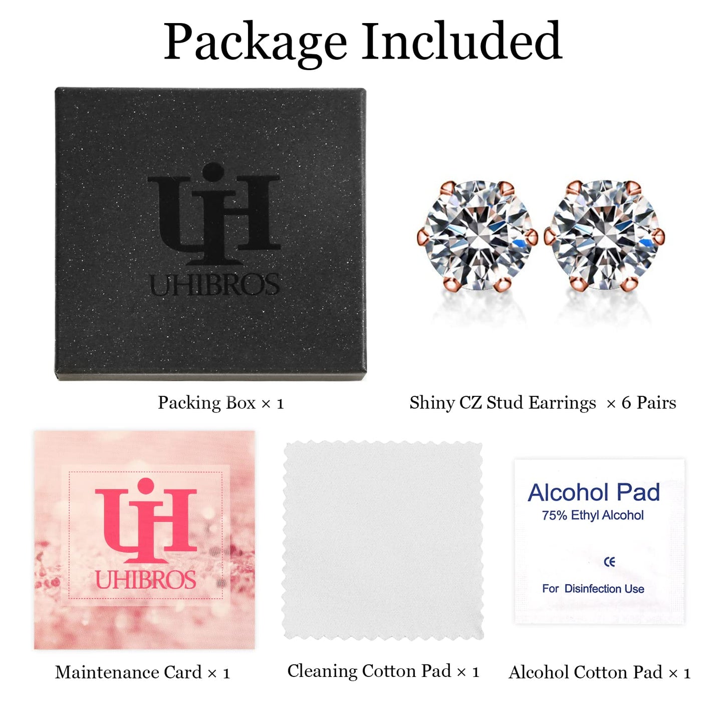 UHIBROS 6 Pairs Stainless Steel Stud Earrings Set Hypoallergenic Cubic Zirconia 14K White Gold 316L CZ Earrings