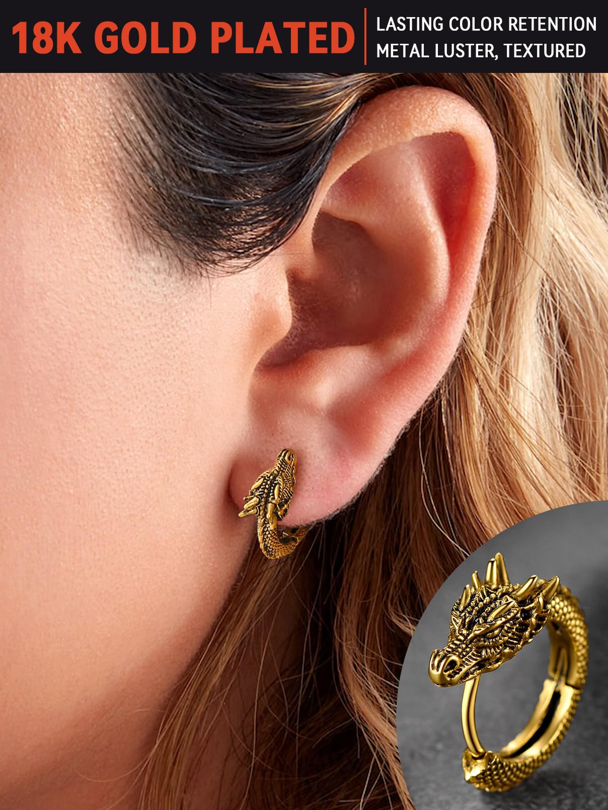 FaithHeart Dragon/Dinosaur/Snake Hoop Earrings for Men, Sturdy Stainless Steel Punk Biker Animals Hypoallergenic Jewelry, Gift Box