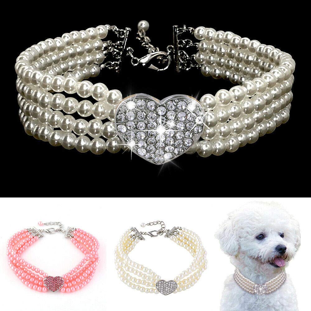 Dogs Kingdom 4 Rows Dog Cat Pearls Necklace Bling Rhinestone Heart Decor Collar Necklace Pet Puppy Jewelry Accessories,White,L:12-14" Neck