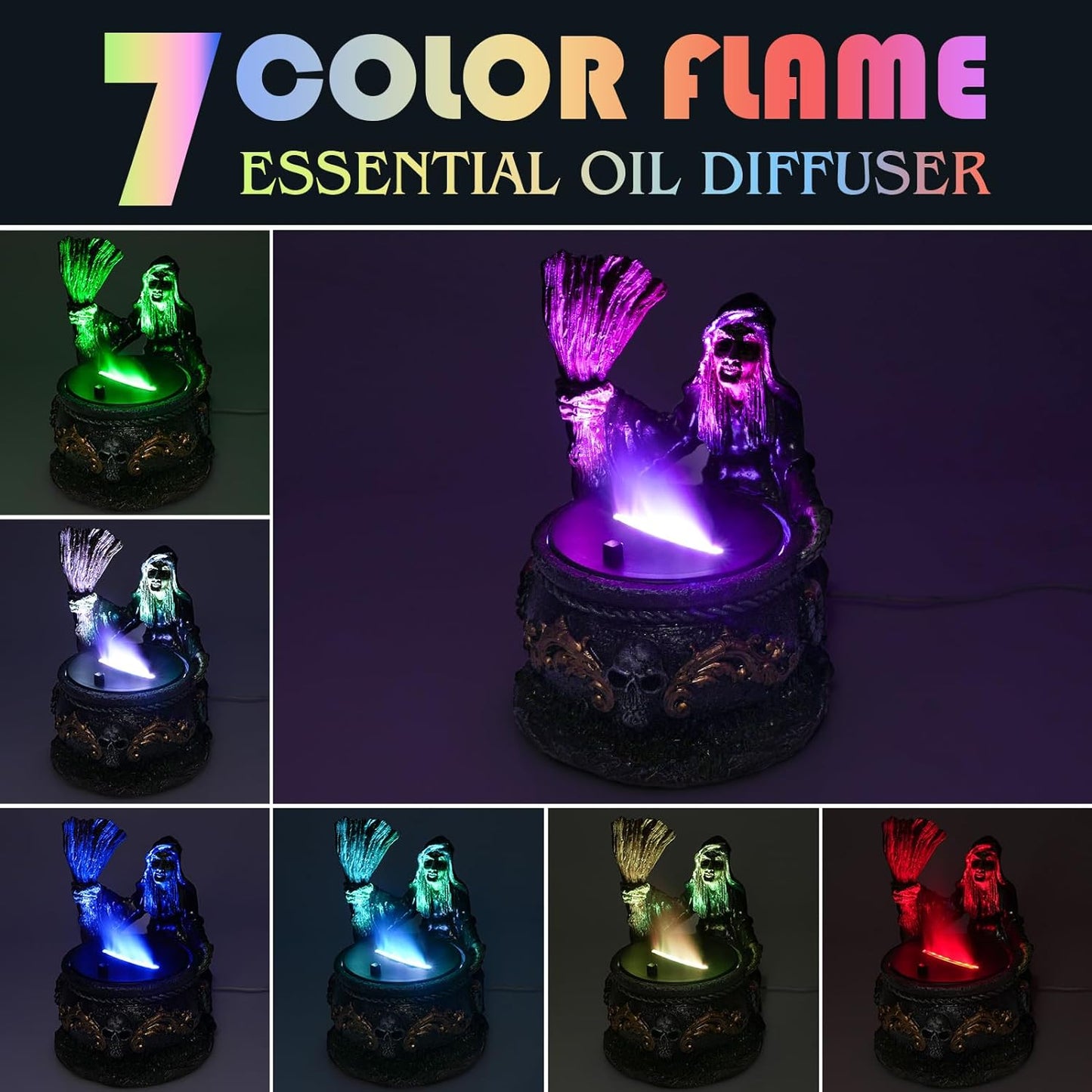 Witch Cauldron with Oil Diffuser for Essential Oils, Black Witch 7 Color Flame Humidifier Diffuser, Skull Decor Cauldron Humidifier for Bedroom Decorations, Gothic Home Decor,160ml
