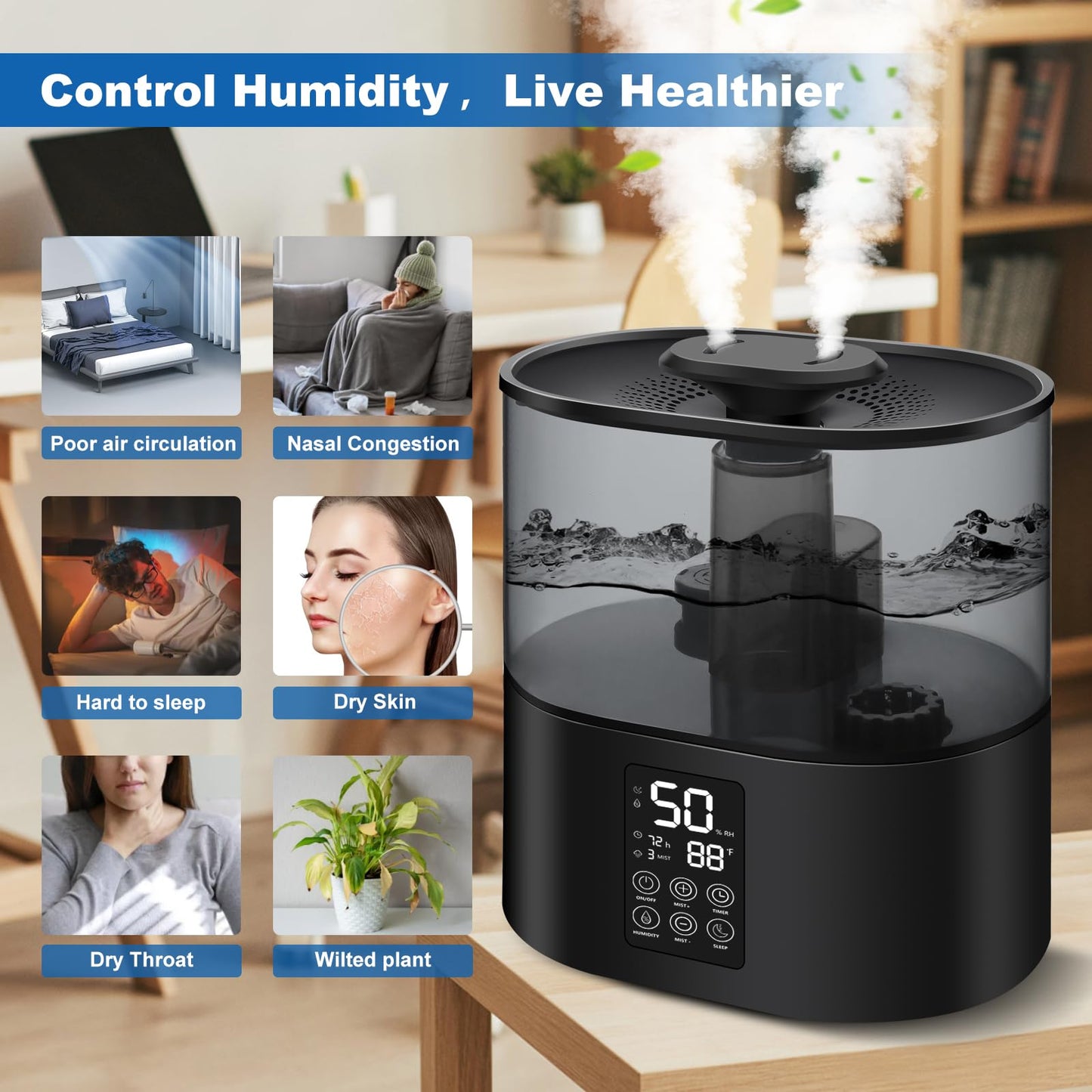 6L Humidifiers for Bedroom Large Room Home, Cool and Warm for Baby and Plants Mist Top Fill Desk Humidifiers Essential Oil Diffuser, Quiet with Adjustable Mist,360°Nozzle-Black