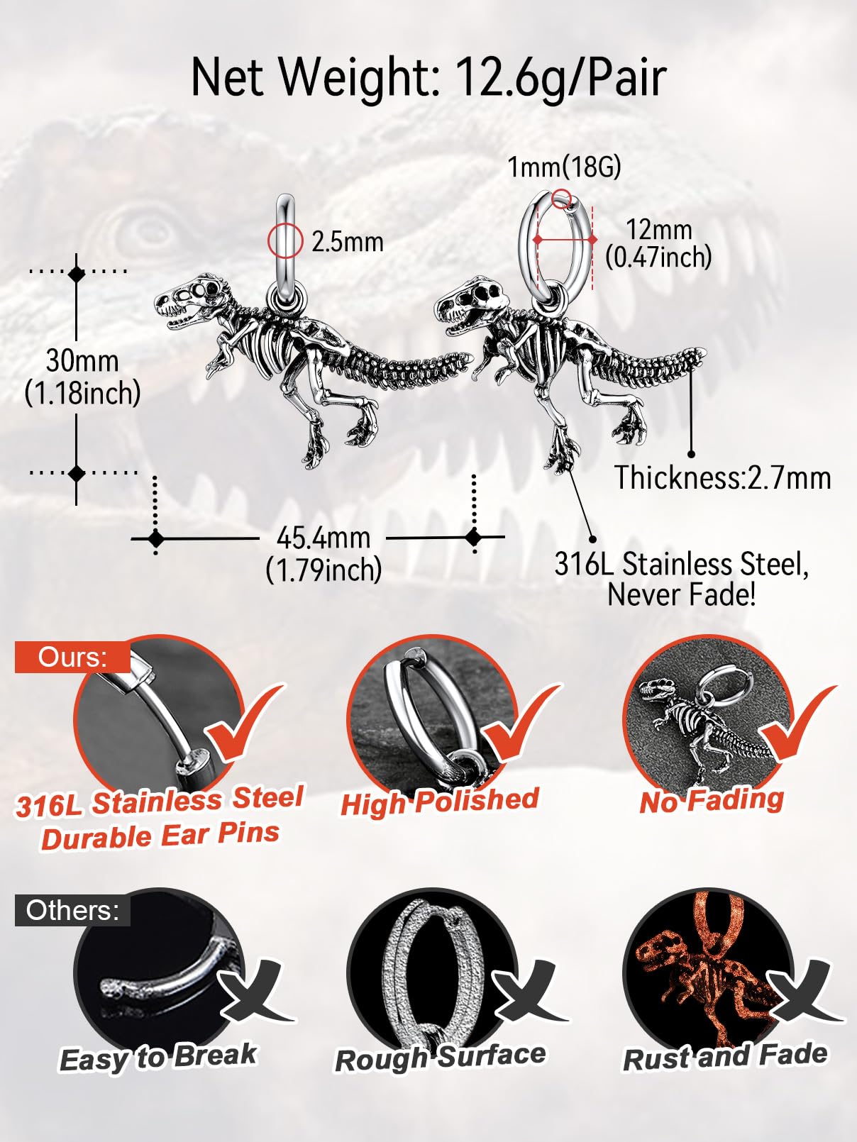 FaithHeart Dragon/Dinosaur/Snake Hoop Earrings for Men, Sturdy Stainless Steel Punk Biker Animals Hypoallergenic Jewelry, Gift Box
