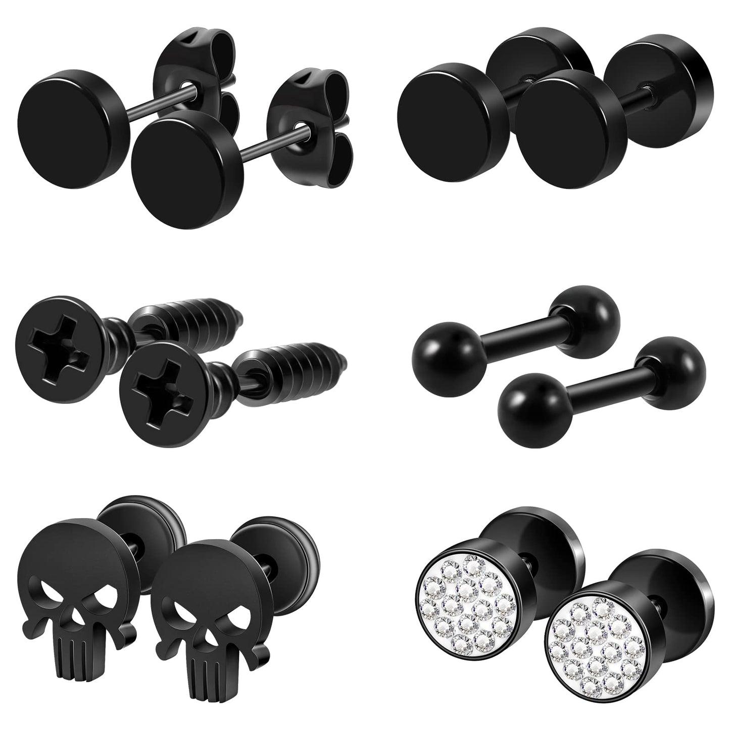 Black Stainless Steel Stud Earrings for Men Women Small Huggie Hoop Earrings Set for Men Cool Goth Punk Earrings Barbell Earrings Black Silver Hoop Cartilage Earring (Classic) (Black Tone)