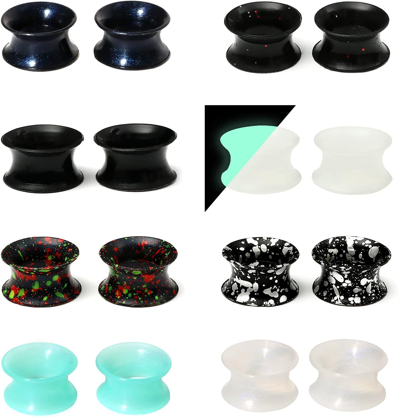 WBRWP 48/32/24/22/20/16/12pcs Ear Tunnels and Plugs - Double Flared Hollow Hard/Soft Silicone Ear Gauges - Ear Expander Stretcher Body Piercing Jewelry 8g-1"