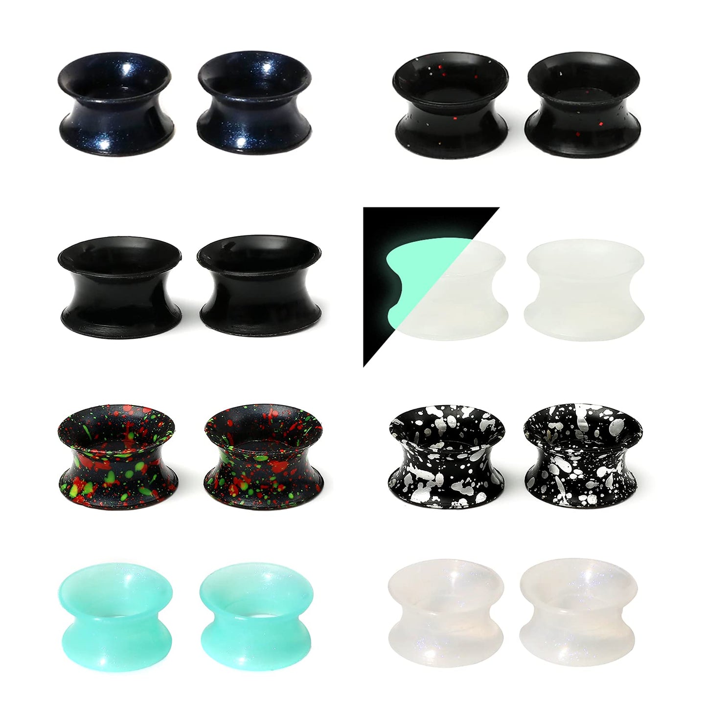 WBRWP 48/32/24/22/20/16/12pcs Ear Tunnels and Plugs - Double Flared Hollow Hard/Soft Silicone Ear Gauges - Ear Expander Stretcher Body Piercing Jewelry 8g-1"