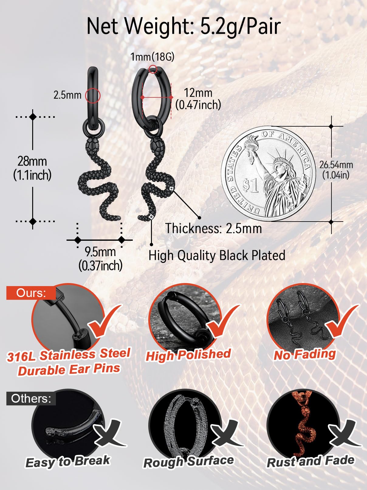 FaithHeart Dragon/Dinosaur/Snake Hoop Earrings for Men, Sturdy Stainless Steel Punk Biker Animals Hypoallergenic Jewelry, Gift Box