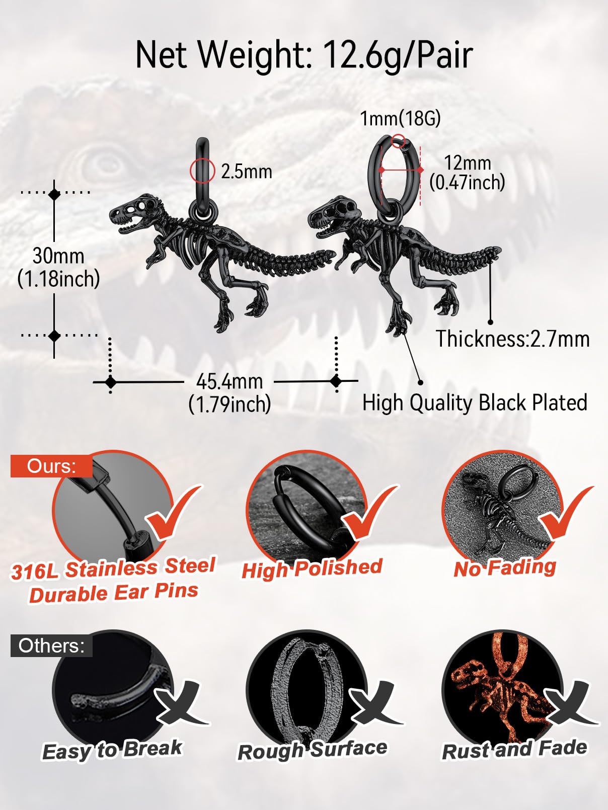 FaithHeart Dragon/Dinosaur/Snake Hoop Earrings for Men, Sturdy Stainless Steel Punk Biker Animals Hypoallergenic Jewelry, Gift Box