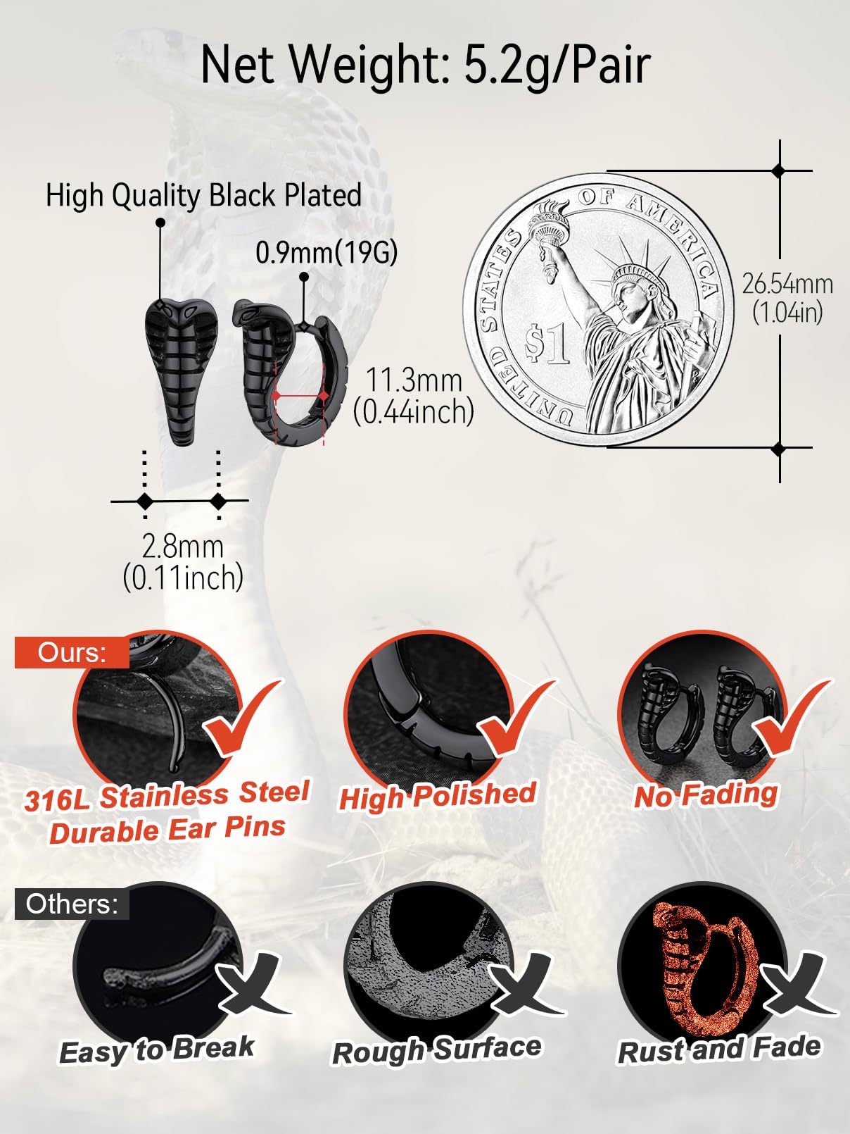 FaithHeart Dragon/Dinosaur/Snake Hoop Earrings for Men, Sturdy Stainless Steel Punk Biker Animals Hypoallergenic Jewelry, Gift Box