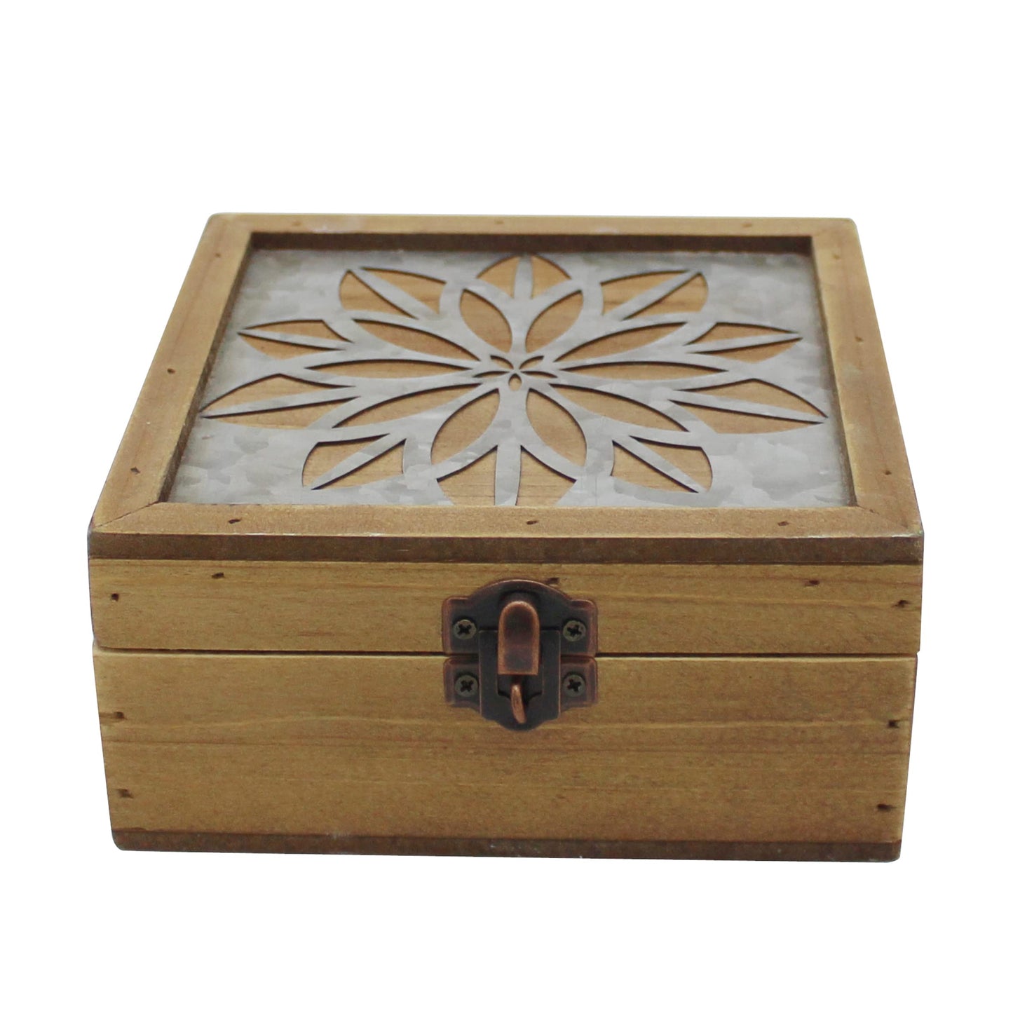 CVHOMEDECO. Rustic Metal Decorative Box Vintage Galvanized Storage Box with Lid and Hinged Square Stash Boxes for Photos, Jewelry, Keepsake and Gifts. Blue