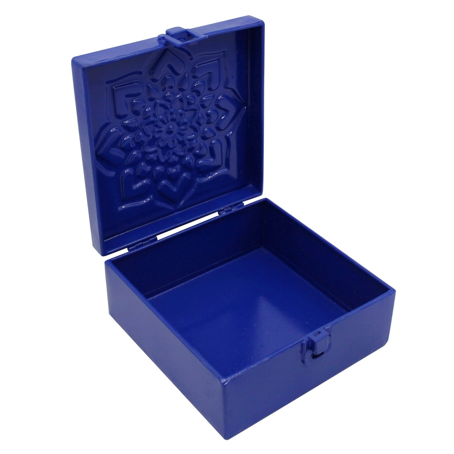 CVHOMEDECO. Rustic Metal Decorative Box Vintage Galvanized Storage Box with Lid and Hinged Square Stash Boxes for Photos, Jewelry, Keepsake and Gifts. Blue