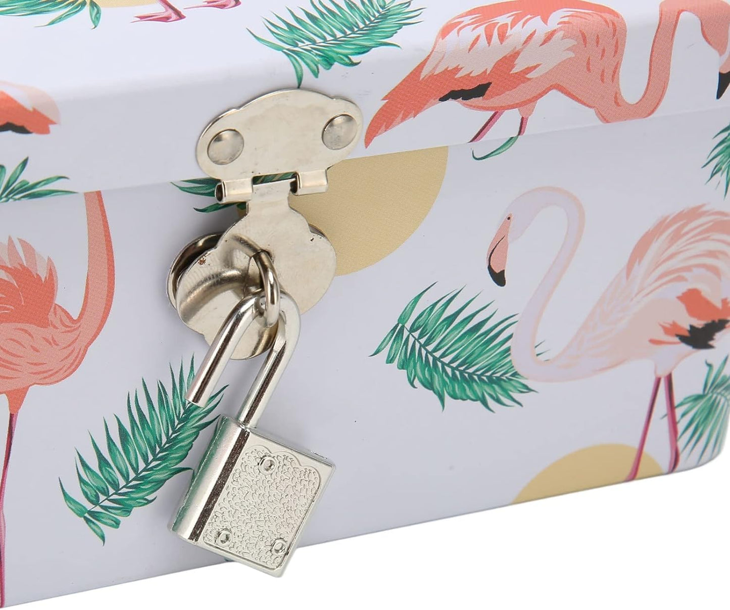 Retro Flamingo Leaves Tinplate Storage Box with Locks Keys Stash Box Lock Box Stash Box With Lock Stash Box Combos Multi-Purpose Rectangular Tin Box