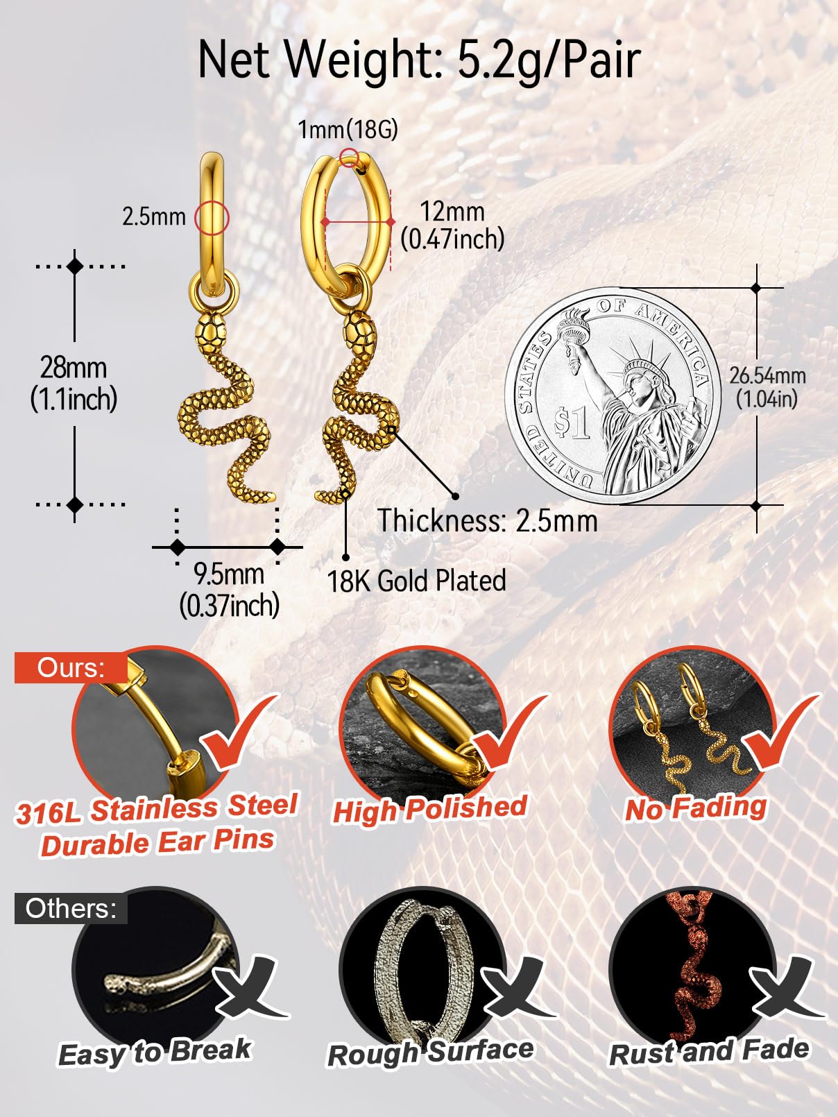 FaithHeart Dragon/Dinosaur/Snake Hoop Earrings for Men, Sturdy Stainless Steel Punk Biker Animals Hypoallergenic Jewelry, Gift Box