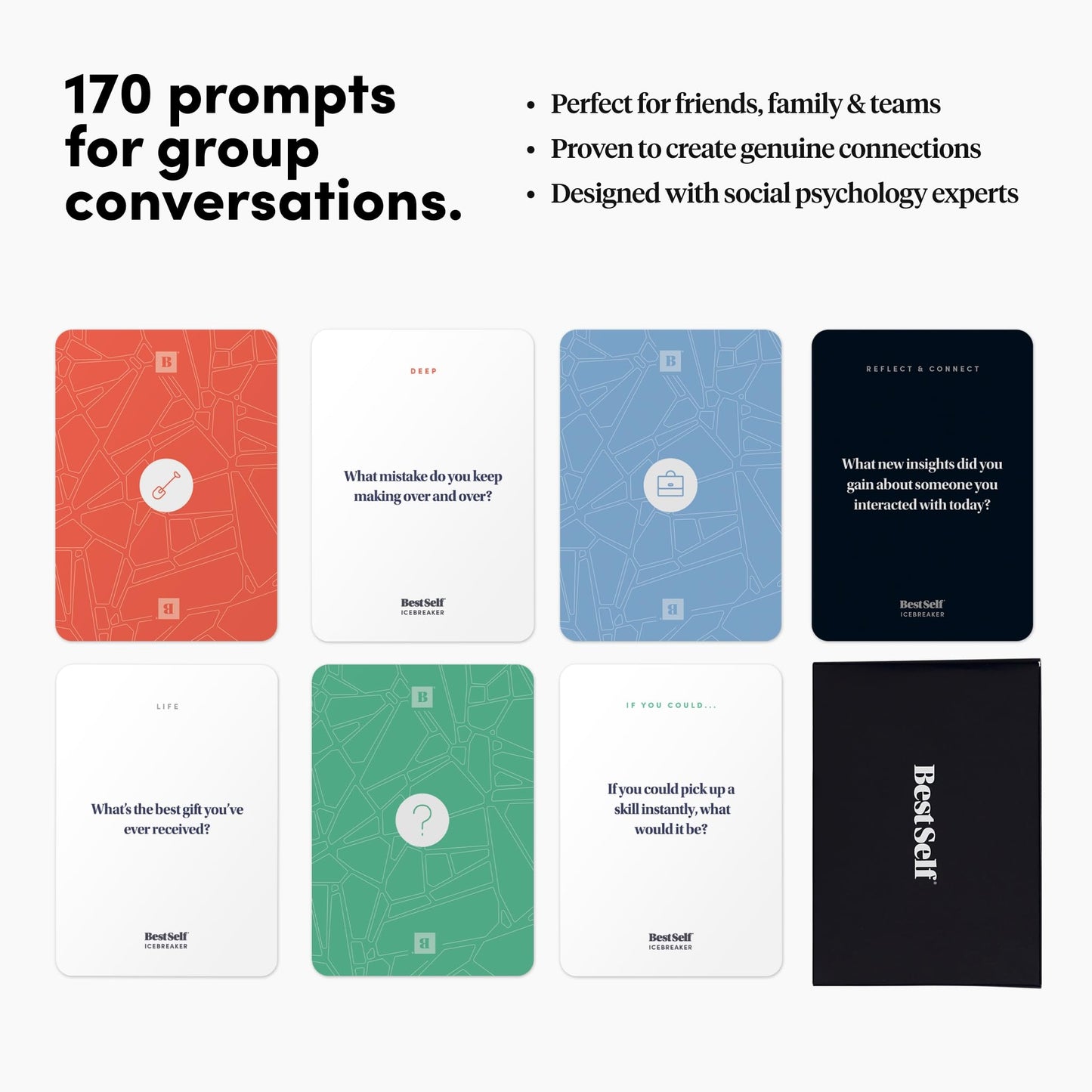 BestSelf Icebreaker Deeper Talk Deck - Conversation Starter Card Pack to Deepen Friendships with 150 Prompts to Create Real Conversations for Friends, Coworkers, Family, Dates