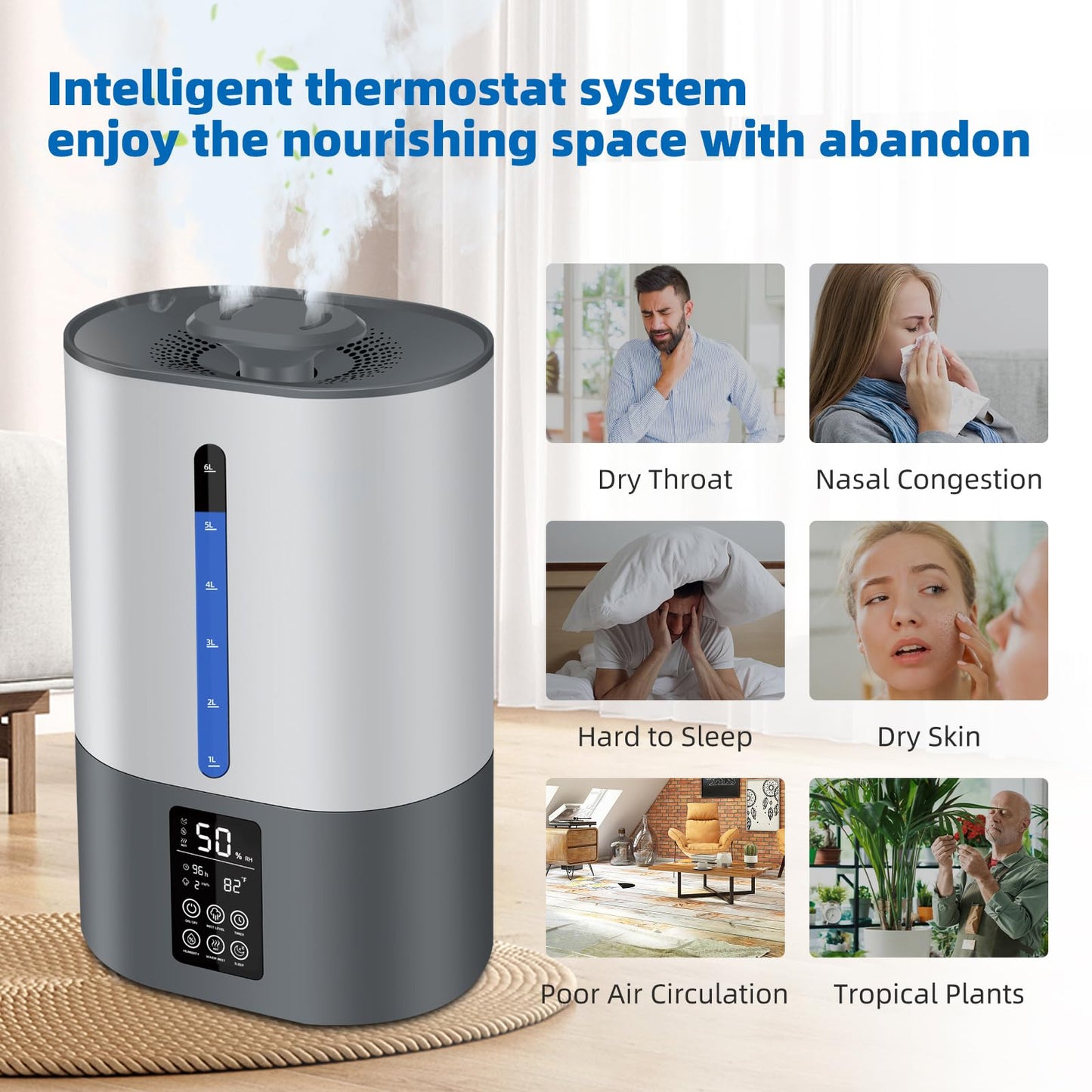 6L Humidifiers for Bedroom Large Room Home, Cool and Warm for Baby and Plants Mist Top Fill Desk Humidifiers Essential Oil Diffuser, Quiet with Adjustable Mist,360°Nozzle-Black