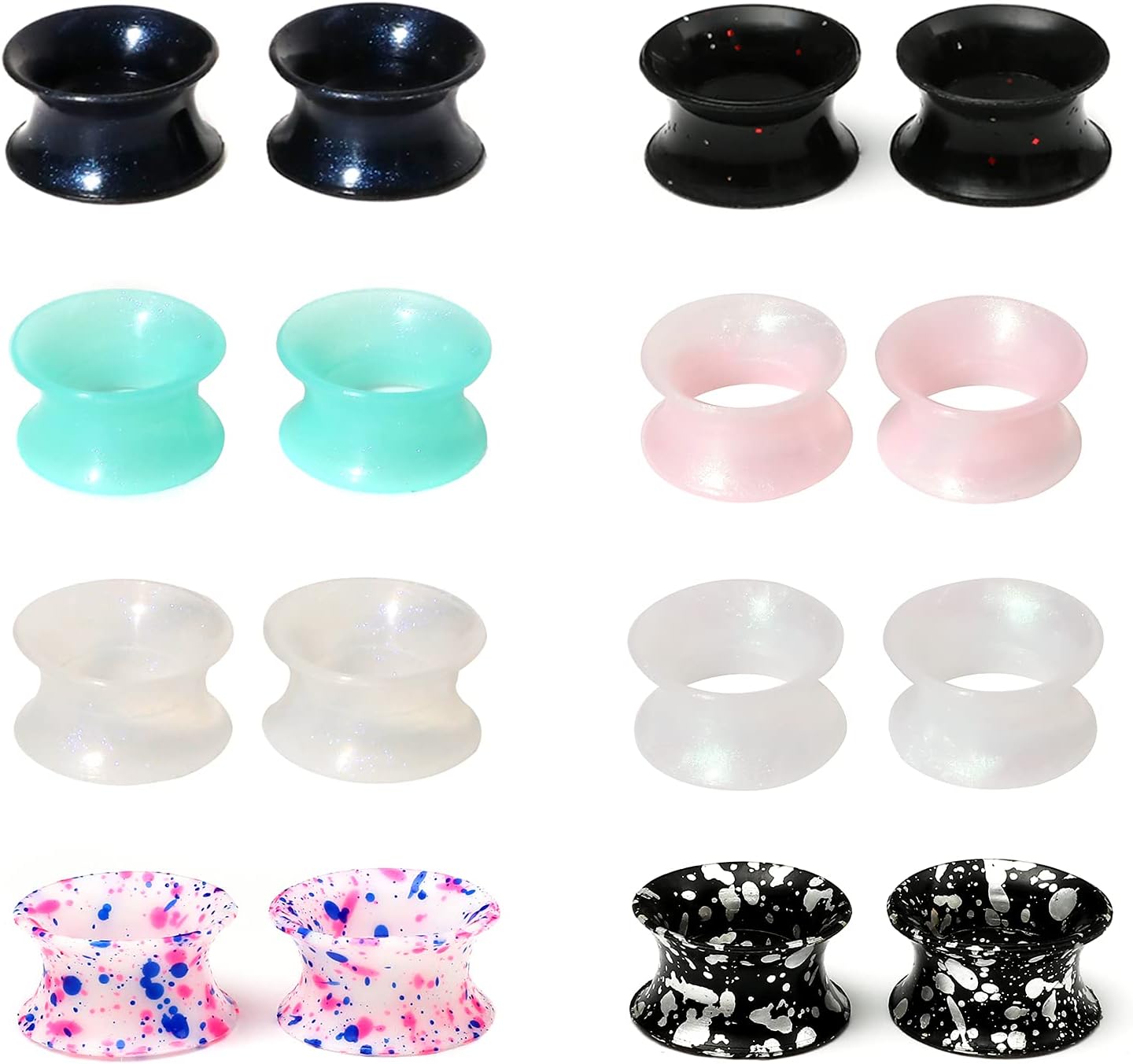 WBRWP 48/32/24/22/20/16/12pcs Ear Tunnels and Plugs - Double Flared Hollow Hard/Soft Silicone Ear Gauges - Ear Expander Stretcher Body Piercing Jewelry 8g-1"