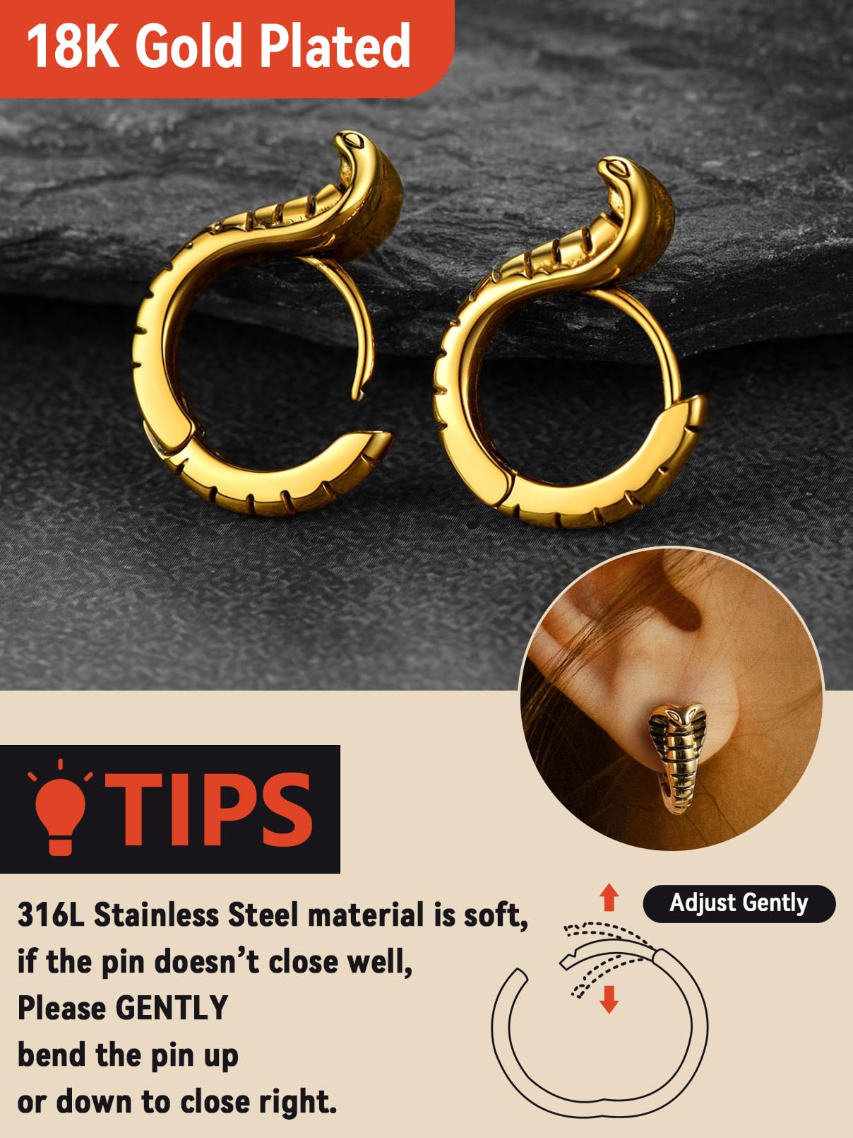 FaithHeart Dragon/Dinosaur/Snake Hoop Earrings for Men, Sturdy Stainless Steel Punk Biker Animals Hypoallergenic Jewelry, Gift Box