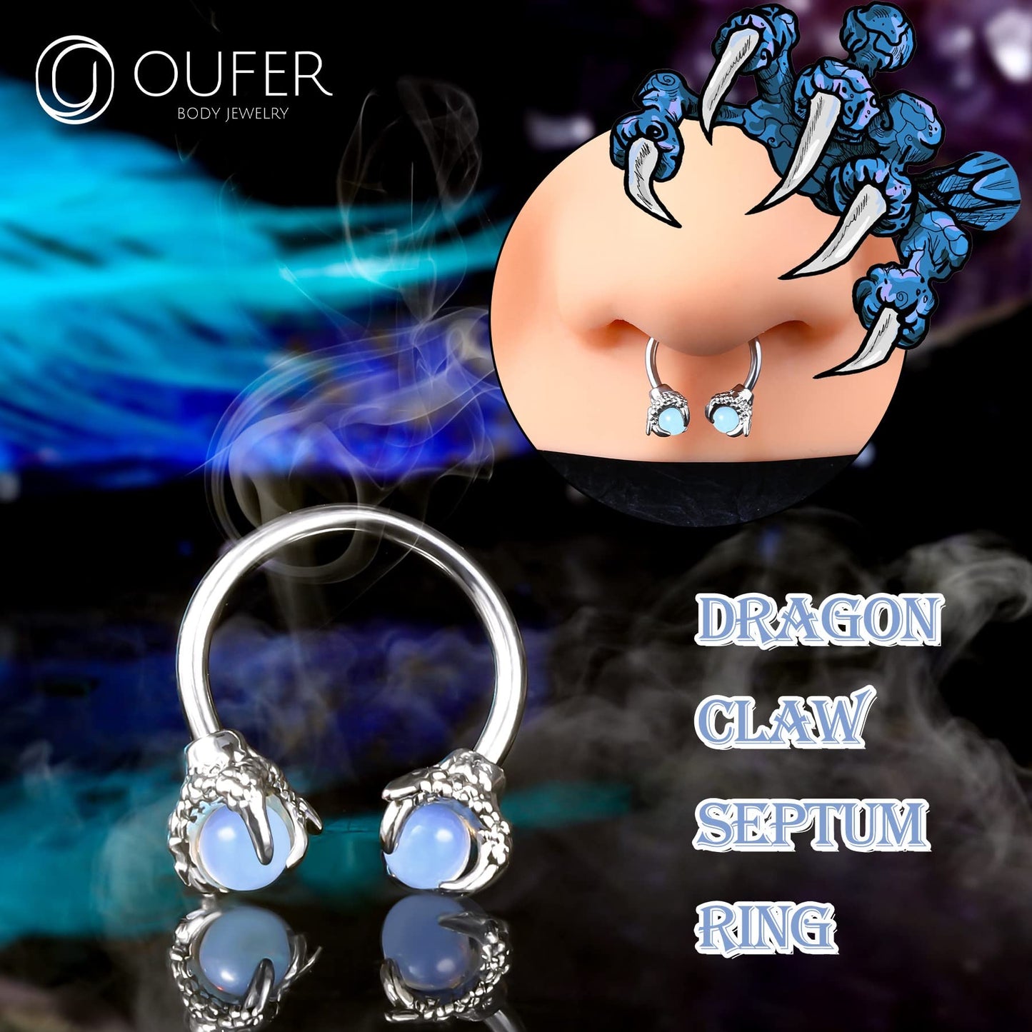 OUFER 316L Surgical Steel Circular Earrings Two White Opals Surrounded by Dragon Claws Cartilage Earing Ear Body Piercing Jewelry Helix Earrings Piercing…