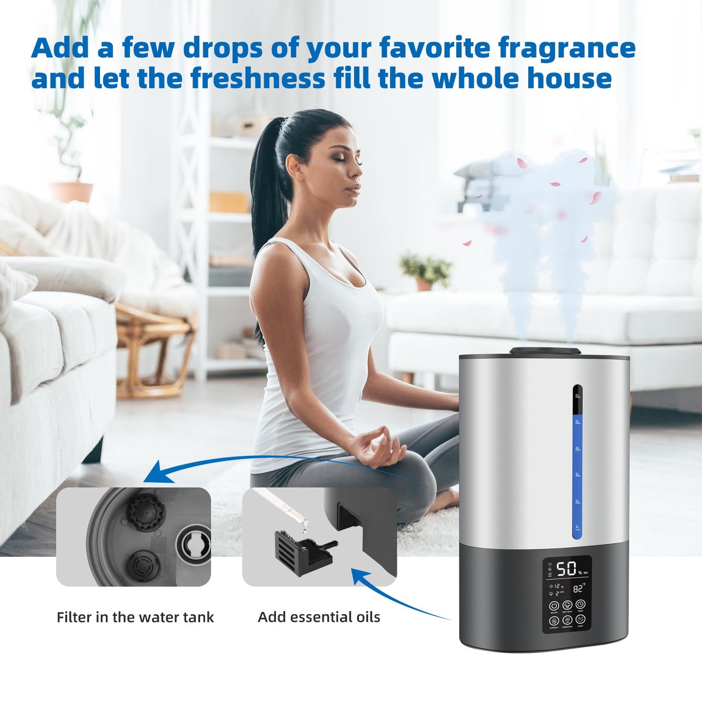 6L Humidifiers for Bedroom Large Room Home, Cool and Warm for Baby and Plants Mist Top Fill Desk Humidifiers Essential Oil Diffuser, Quiet with Adjustable Mist,360°Nozzle-Black