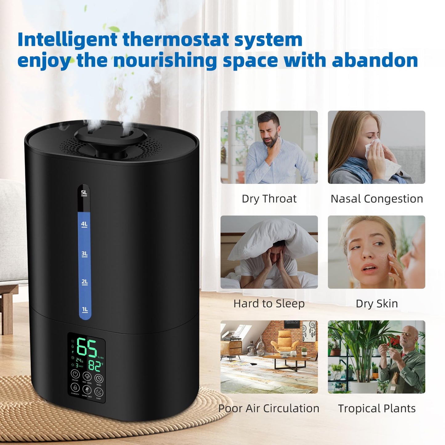 6L Humidifiers for Bedroom Large Room Home, Cool and Warm for Baby and Plants Mist Top Fill Desk Humidifiers Essential Oil Diffuser, Quiet with Adjustable Mist,360°Nozzle-Black