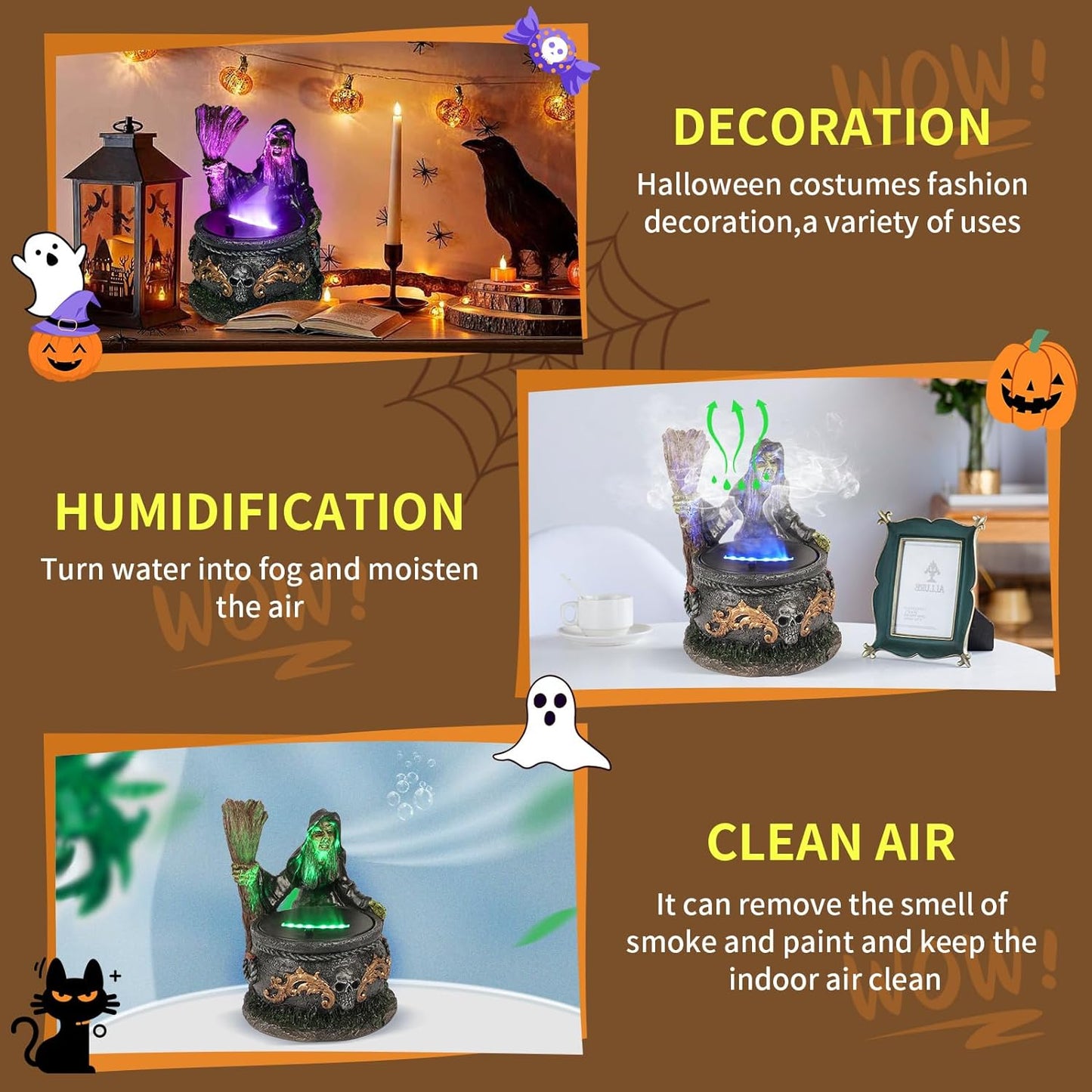 Witch Cauldron with Oil Diffuser for Essential Oils, Black Witch 7 Color Flame Humidifier Diffuser, Skull Decor Cauldron Humidifier for Bedroom Decorations, Gothic Home Decor,160ml