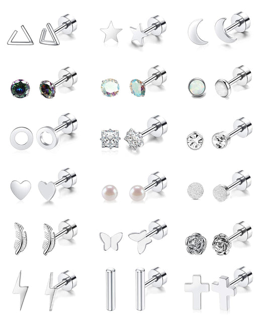 18 Pairs Stainless Steel Stud Earrings Set for Women Men Star Moon flower Heart Leaf Opal 20G Cartilage Earrings Hypoallergenic Flatback Earrings Piercing Jewelry