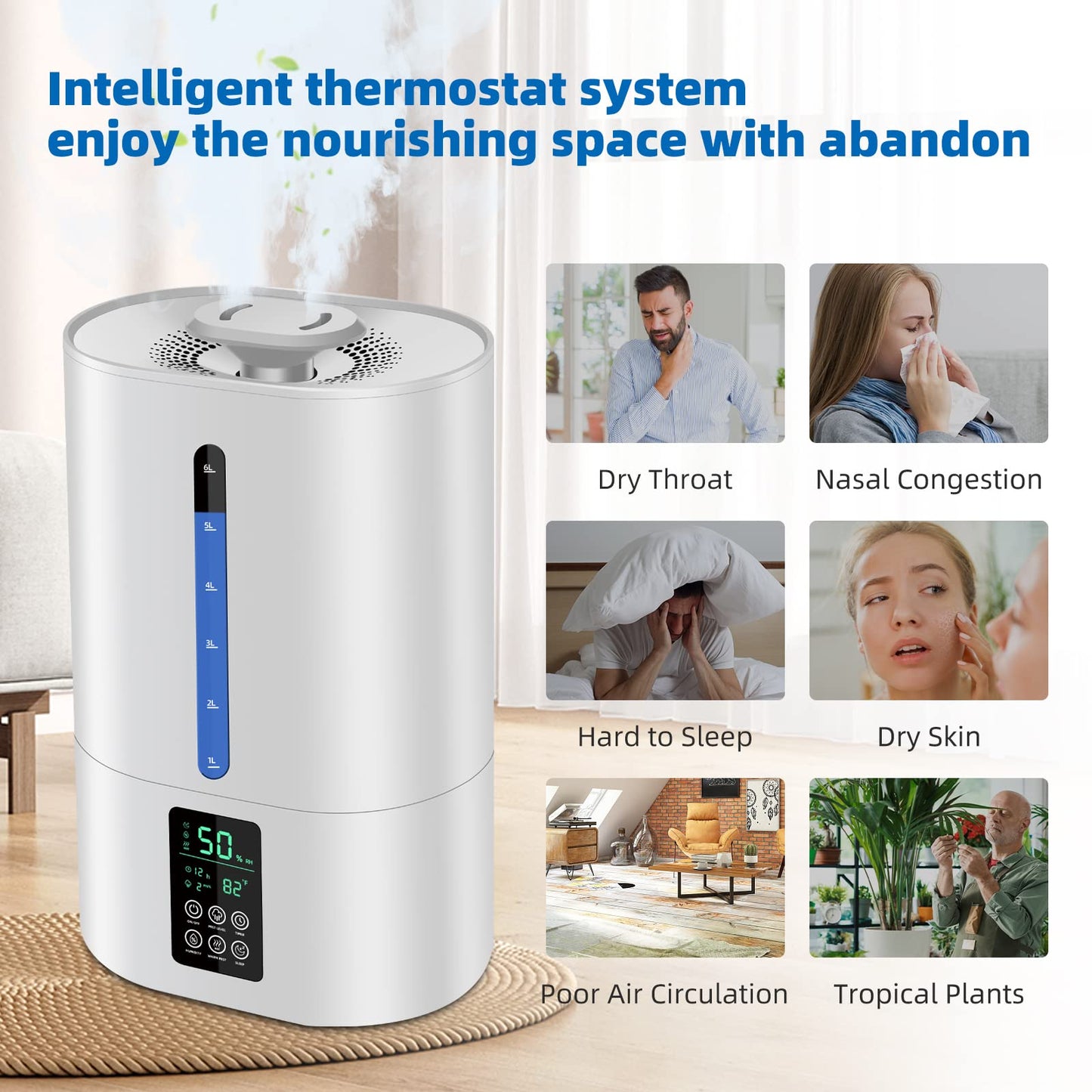 6L Humidifiers for Bedroom Large Room Home, Cool and Warm for Baby and Plants Mist Top Fill Desk Humidifiers Essential Oil Diffuser, Quiet with Adjustable Mist,360°Nozzle-Black
