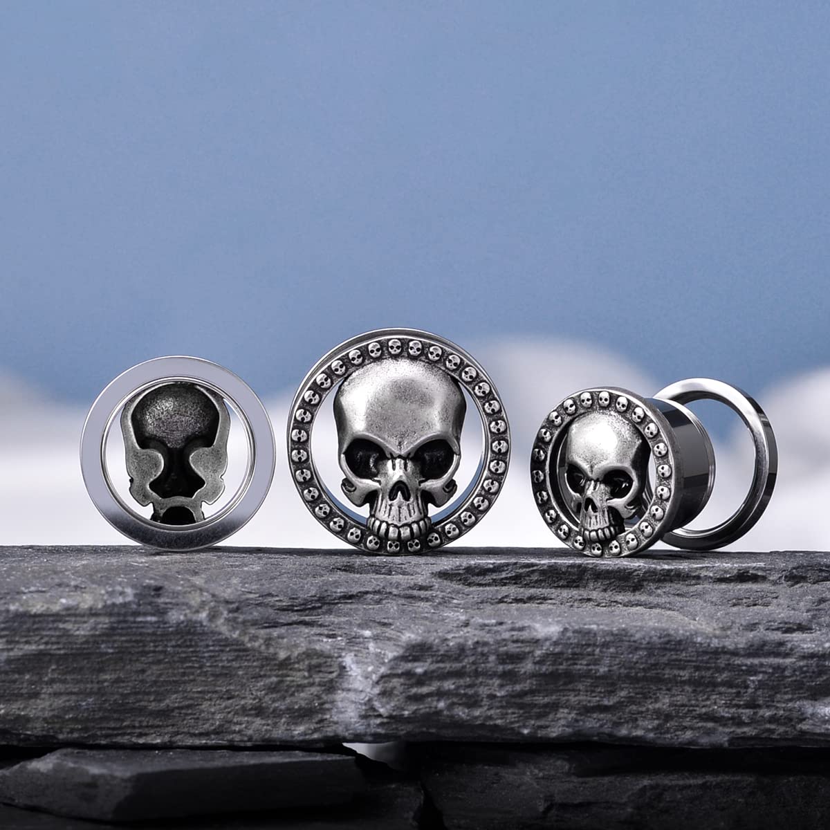 2PCS Cool Ear Gauges Gothic Skull Flesh Tunnels Screw Fit Plugs For Stretched Ears Expander Hanger Piercing Jewelry 0g to 1 inch