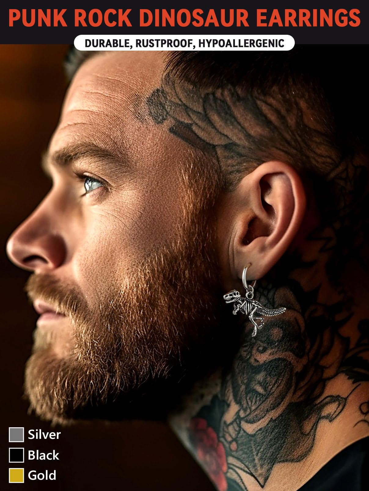 FaithHeart Dragon/Dinosaur/Snake Hoop Earrings for Men, Sturdy Stainless Steel Punk Biker Animals Hypoallergenic Jewelry, Gift Box