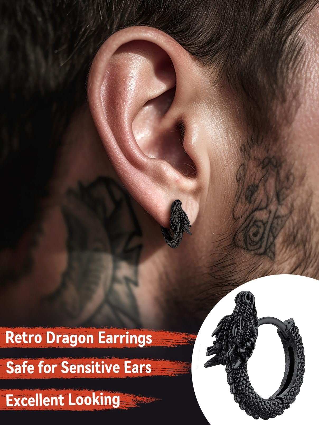 FaithHeart Dragon/Dinosaur/Snake Hoop Earrings for Men, Sturdy Stainless Steel Punk Biker Animals Hypoallergenic Jewelry, Gift Box