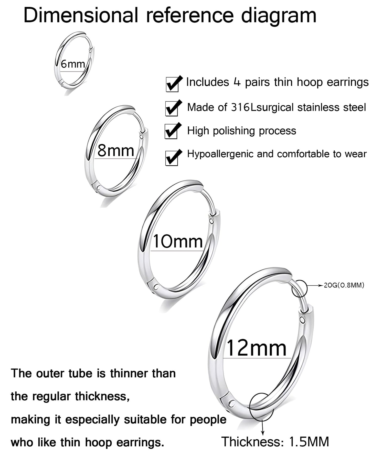 316L Surgical Stainless Steel Huggie Hoop Earrings 6mm 8mm 10mm 11mm 12mm 14mm Hypoallergenic Earrings Hoop Cartilage Helix Lobes Hinged Sleeper Earrings For Men Women Girls