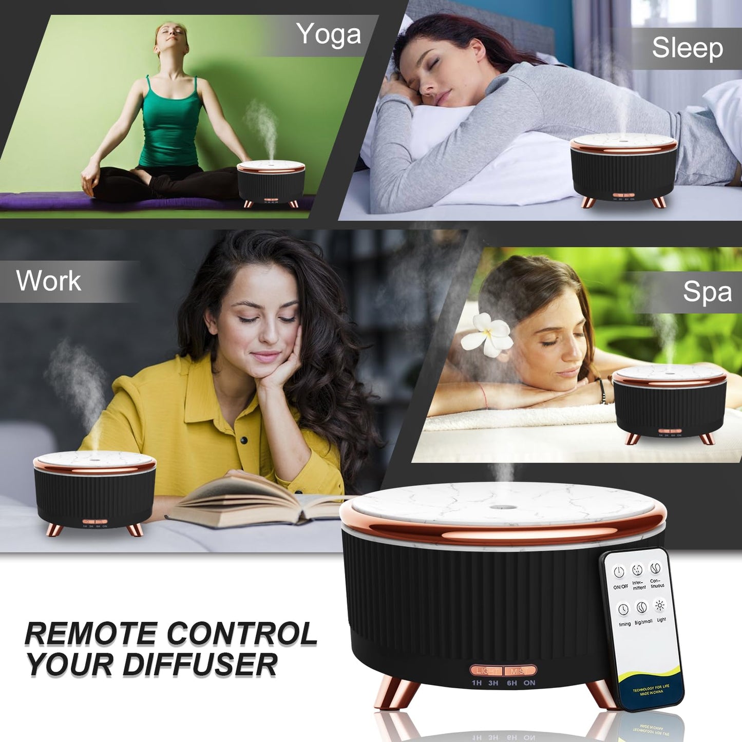 Diffusers for Essential Oils Large Room, 500ml Aromatherapy Oil Diffuser Cool Mist Humidifier with Remote Control,7 Colors Lights & 3 Mist Mode Waterless Auto Off for Women Office Home Black
