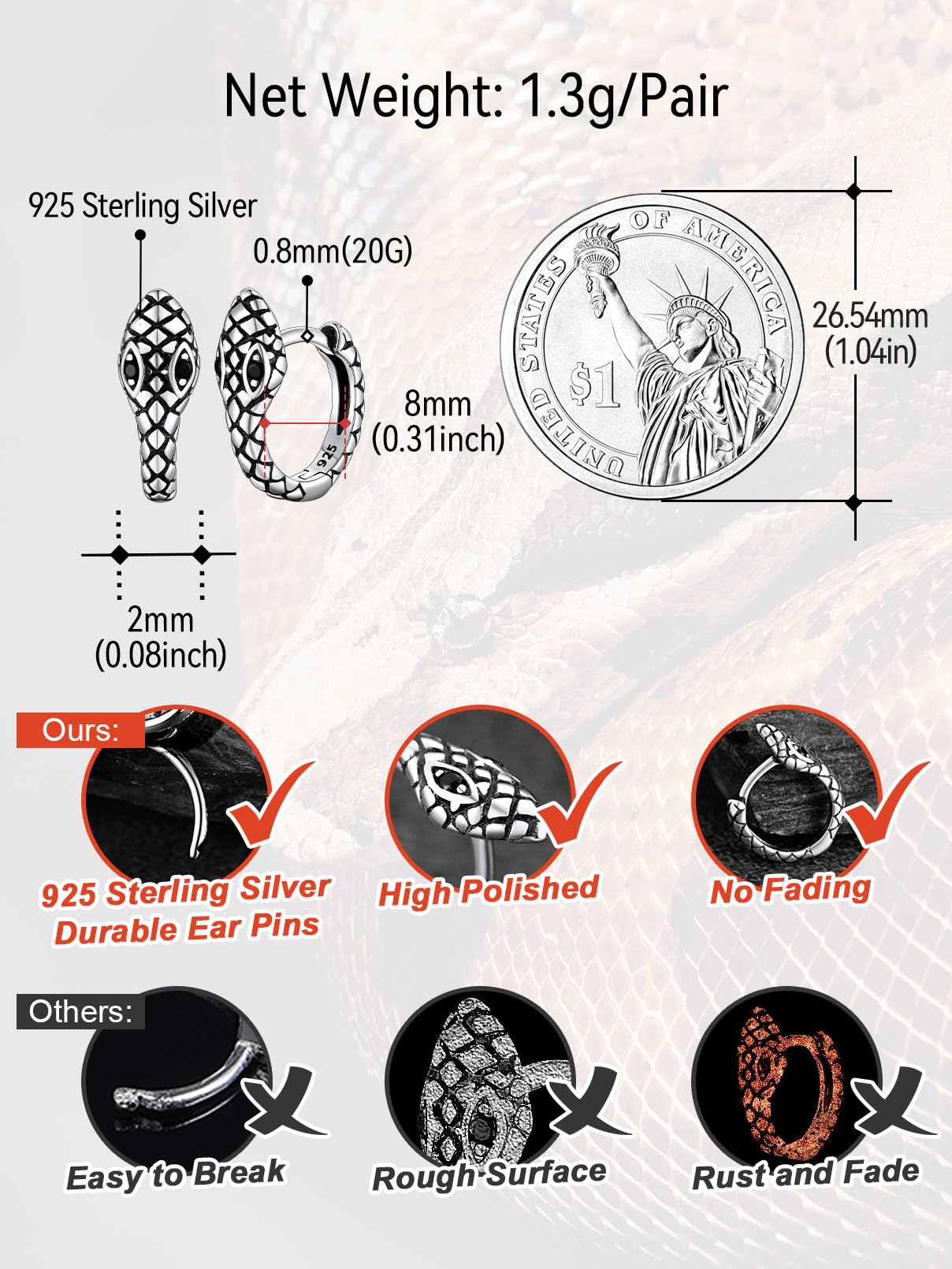 FaithHeart Dragon/Dinosaur/Snake Hoop Earrings for Men, Sturdy Stainless Steel Punk Biker Animals Hypoallergenic Jewelry, Gift Box