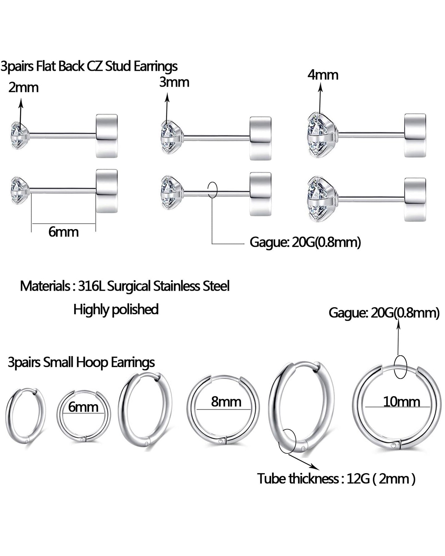 316L Surgical Stainless Steel Huggie Hoop Earrings 6mm 8mm 10mm 11mm 12mm 14mm Hypoallergenic Earrings Hoop Cartilage Helix Lobes Hinged Sleeper Earrings For Men Women Girls