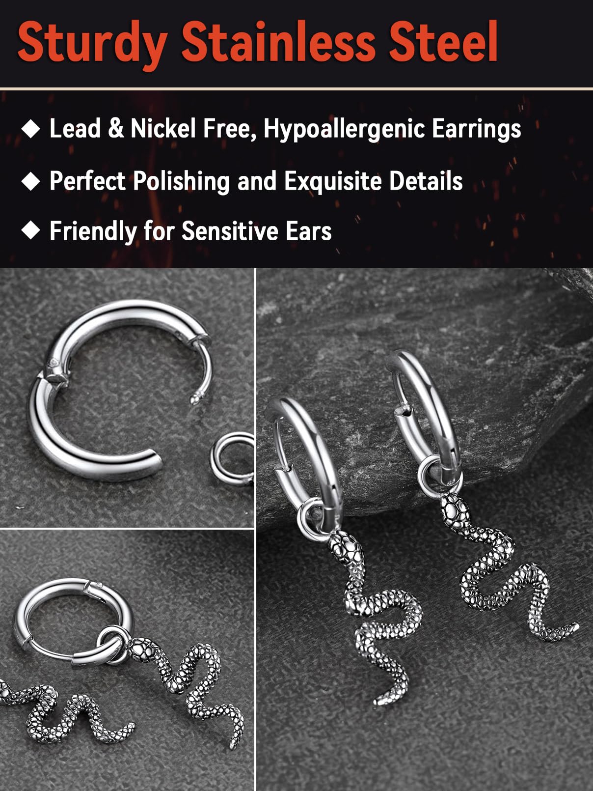 FaithHeart Dragon/Dinosaur/Snake Hoop Earrings for Men, Sturdy Stainless Steel Punk Biker Animals Hypoallergenic Jewelry, Gift Box