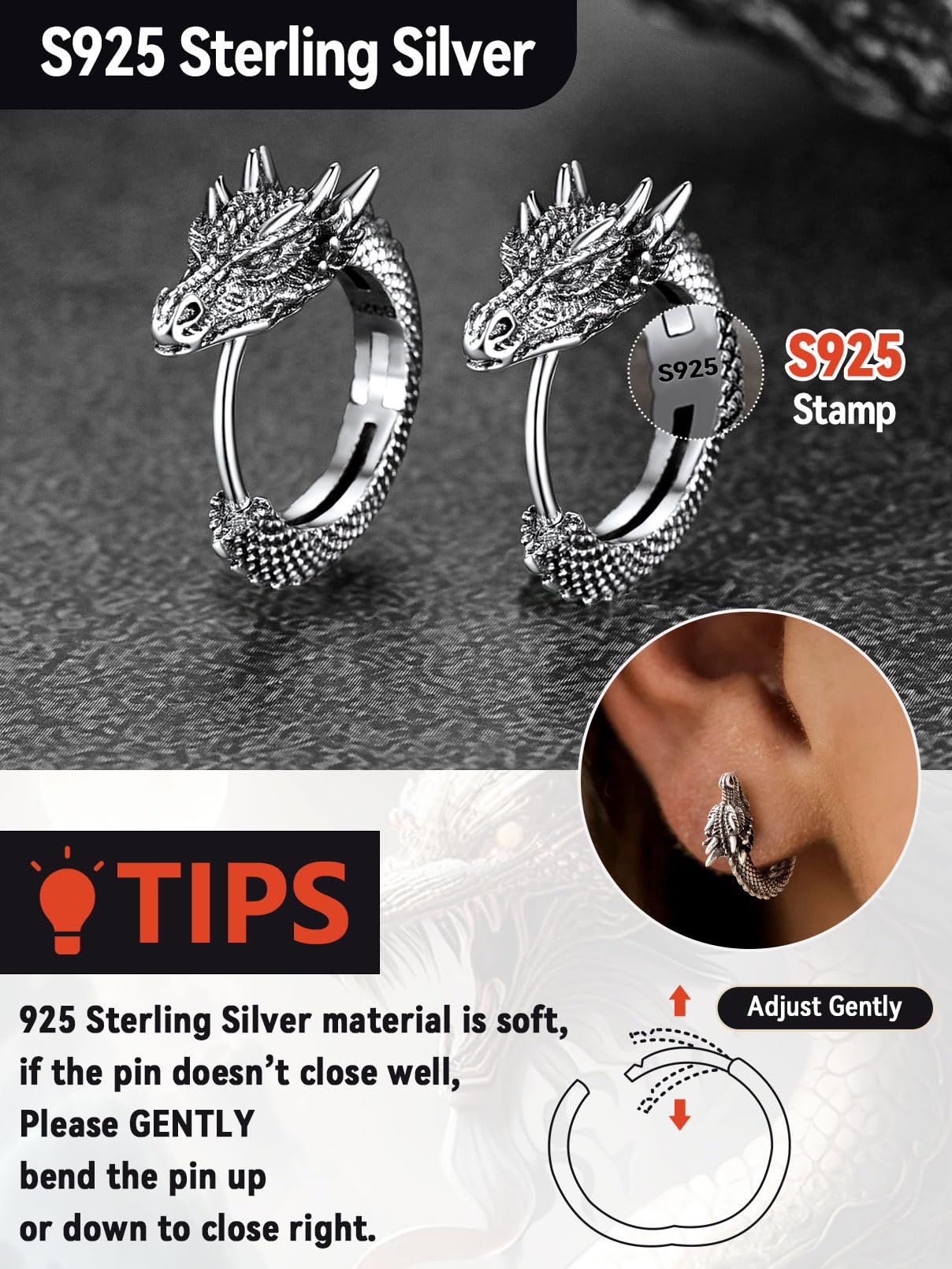 FaithHeart Dragon/Dinosaur/Snake Hoop Earrings for Men, Sturdy Stainless Steel Punk Biker Animals Hypoallergenic Jewelry, Gift Box