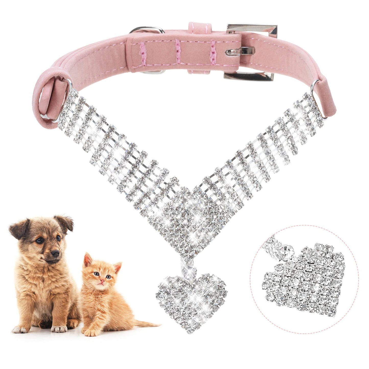 EXPAWLORER Dog Collar Rhinestone Necklace - Cute Sparkling Pet Collar for Girl Dogs and Cats, Soft Crystal Cat Collar Neck Decoration, Adjustable for Small Medium Large Breed Sizes, Pink XS