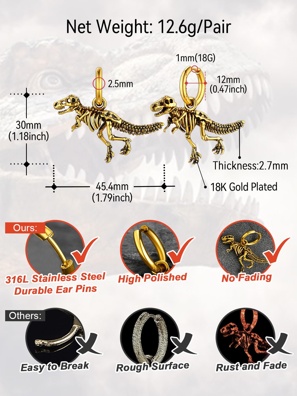 FaithHeart Dragon/Dinosaur/Snake Hoop Earrings for Men, Sturdy Stainless Steel Punk Biker Animals Hypoallergenic Jewelry, Gift Box