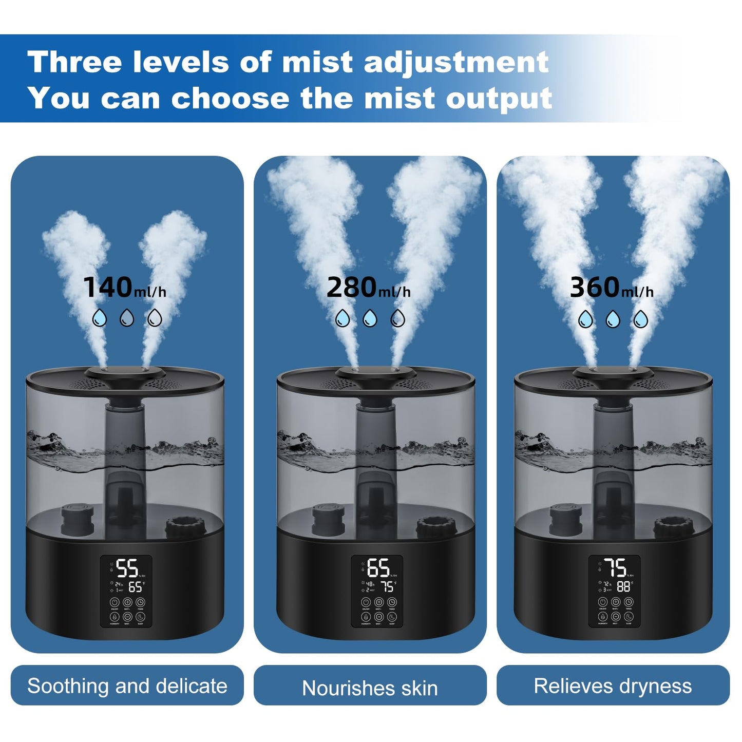 6L Humidifiers for Bedroom Large Room Home, Cool and Warm for Baby and Plants Mist Top Fill Desk Humidifiers Essential Oil Diffuser, Quiet with Adjustable Mist,360°Nozzle-Black