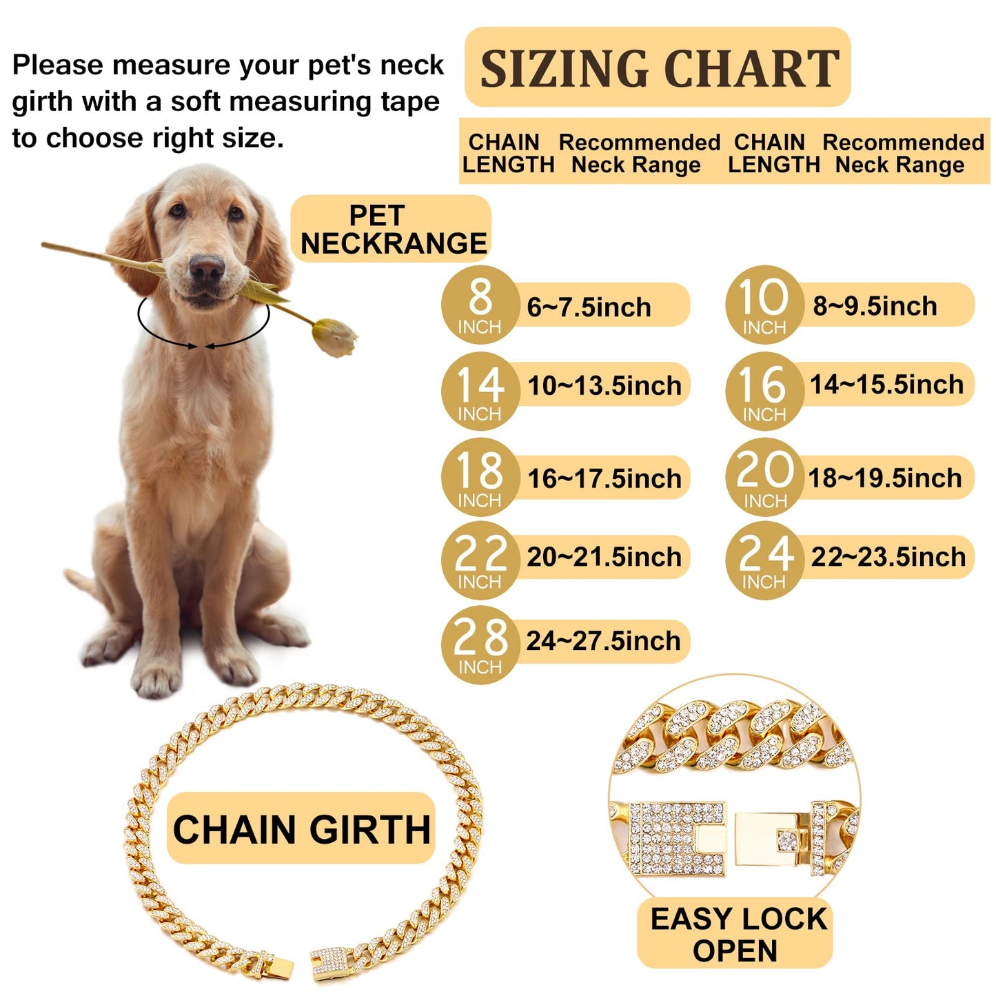 Cuban Link Dog Collar Gold Silver Color Metal Chain Diamond Pet Collars for Dogs Cats Jewelry 8/10/14/16/18/20/24/28 Inch (16inch, Gold)