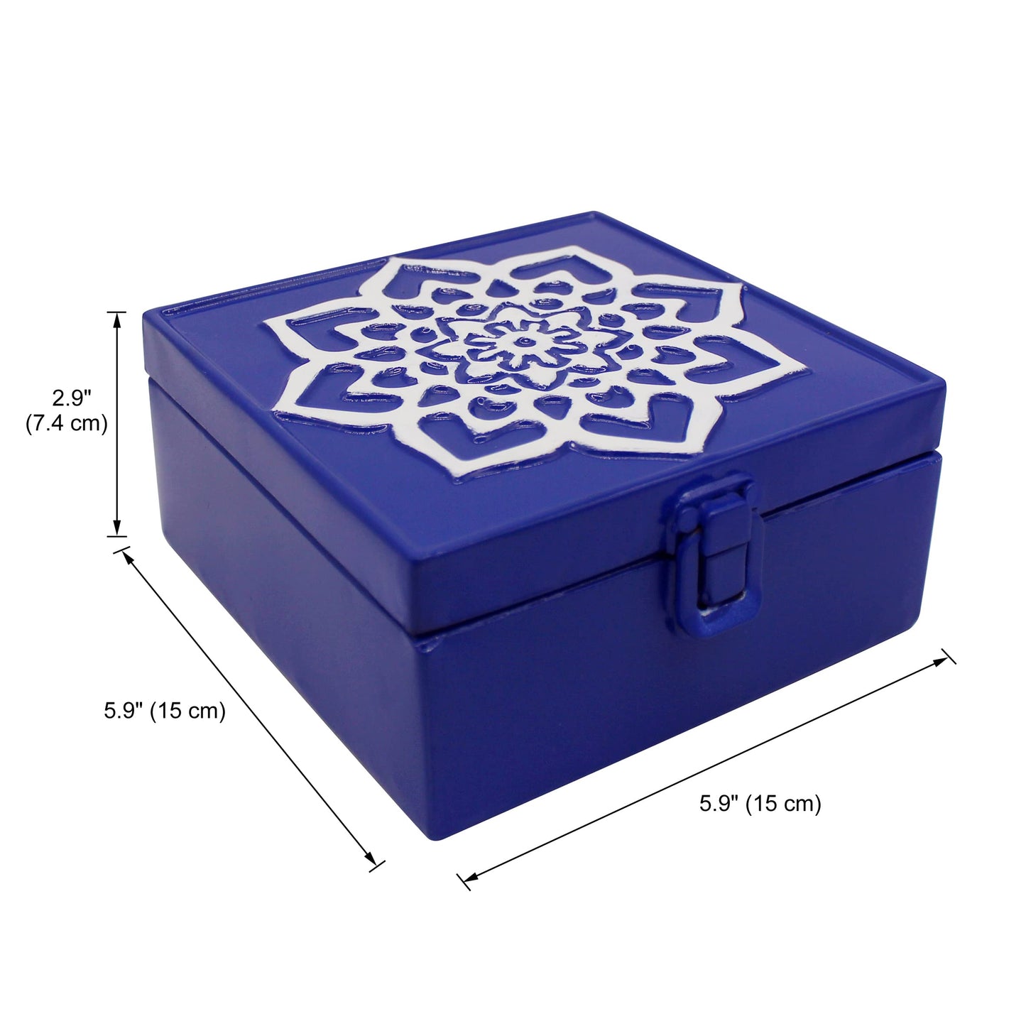CVHOMEDECO. Rustic Metal Decorative Box Vintage Galvanized Storage Box with Lid and Hinged Square Stash Boxes for Photos, Jewelry, Keepsake and Gifts. Blue