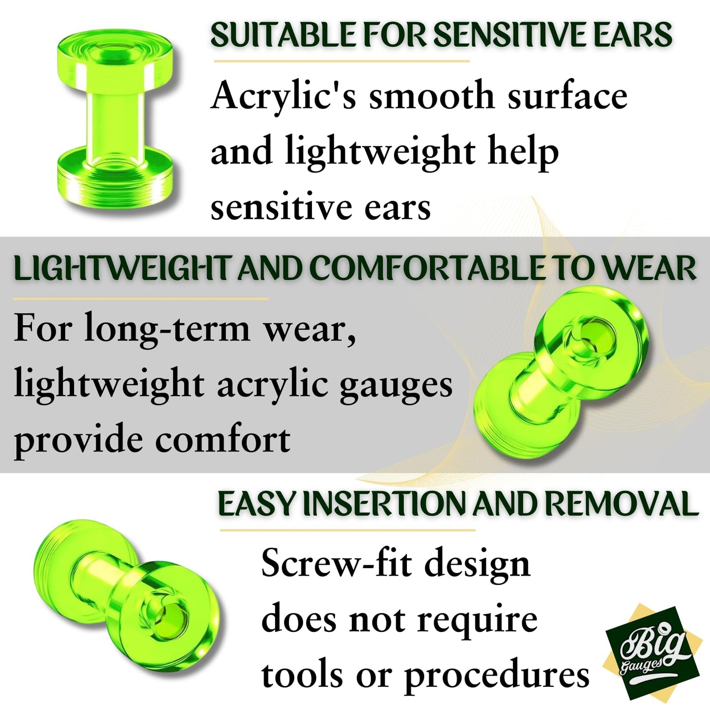 Pair of Green Acrylic flesh Tunnels External Piercing Jewelry Stretcher Screw-fit Ear Plugs Earring Lobe