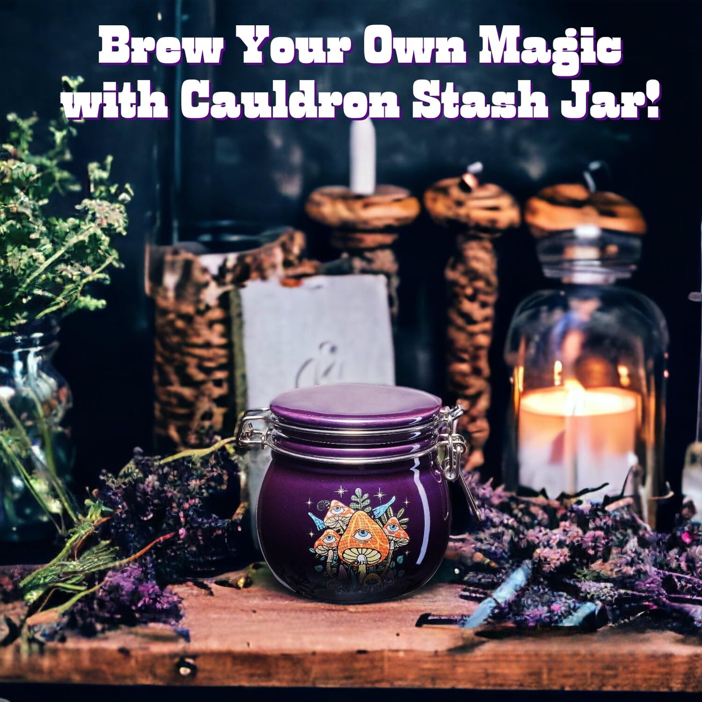 Herbs Stash Jar - Witchy Storage Jar, Smell Proof Stash Container Cute Mushroom Pottery Jar, Cauldron Stash Canister with Airtight Lid, Decorative Jar for Wicca Moon Magick Altar Easter Gifts Ideas