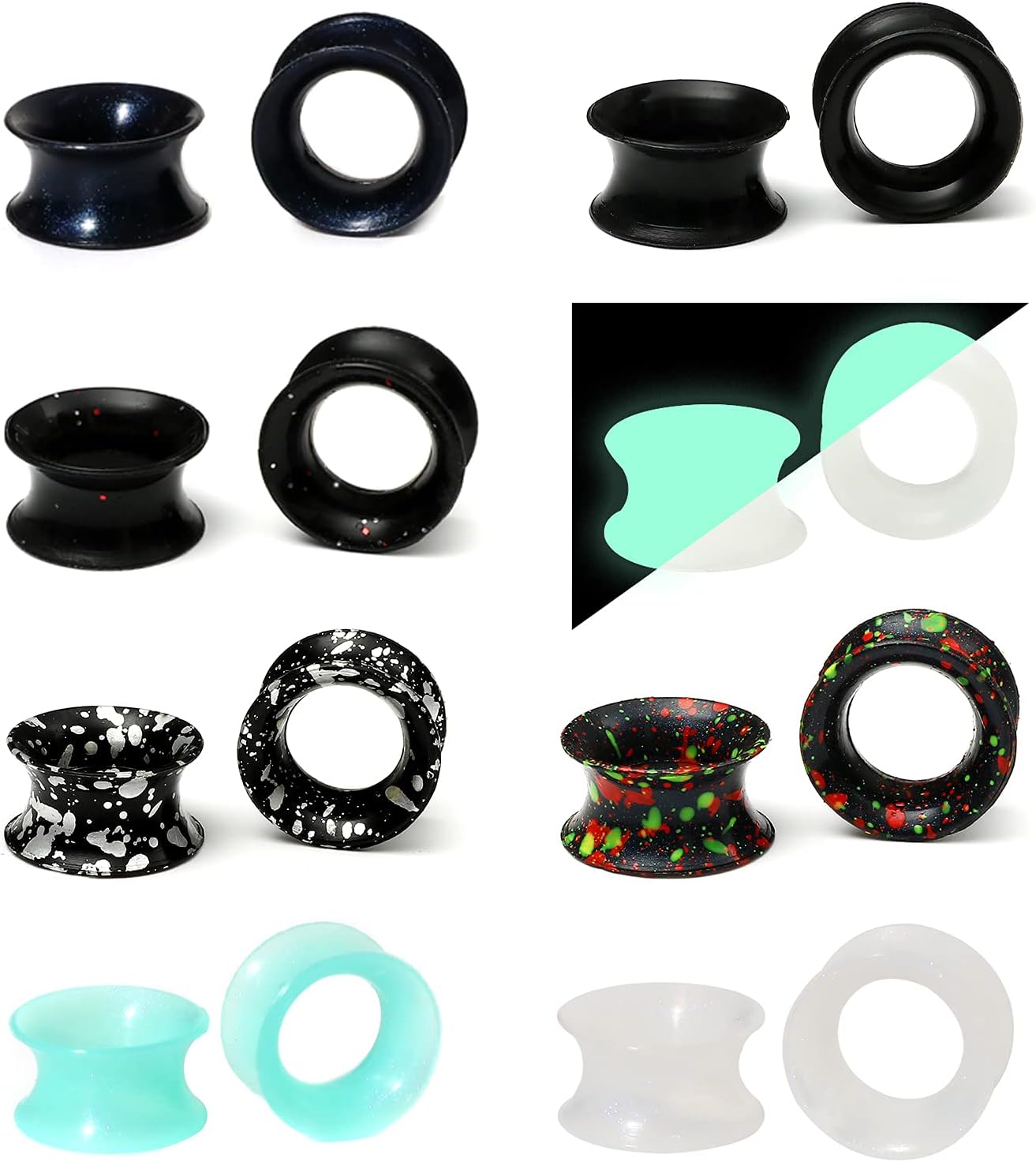 WBRWP 48/32/24/22/20/16/12pcs Ear Tunnels and Plugs - Double Flared Hollow Hard/Soft Silicone Ear Gauges - Ear Expander Stretcher Body Piercing Jewelry 8g-1"