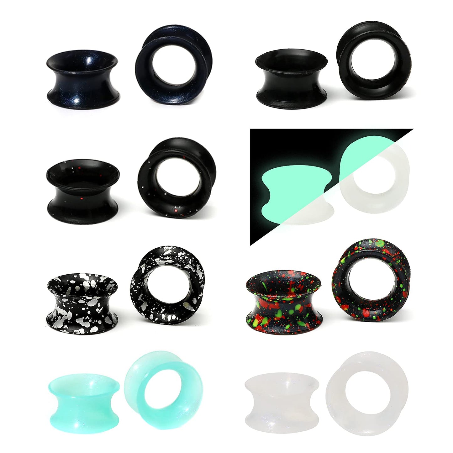 WBRWP 48/32/24/22/20/16/12pcs Ear Tunnels and Plugs - Double Flared Hollow Hard/Soft Silicone Ear Gauges - Ear Expander Stretcher Body Piercing Jewelry 8g-1"