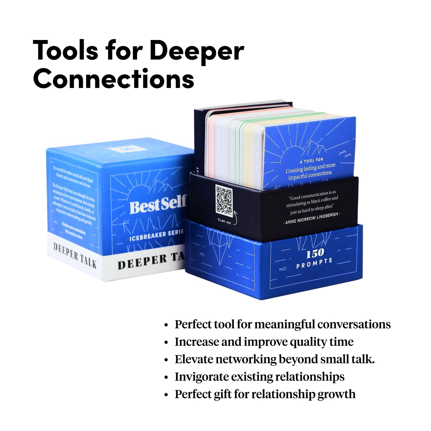 BestSelf Icebreaker Deeper Talk Deck - Conversation Starter Card Pack to Deepen Friendships with 150 Prompts to Create Real Conversations for Friends, Coworkers, Family, Dates