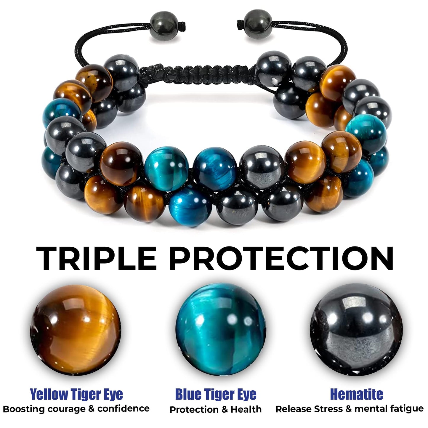 Black Obsidian Hematite Triple Protection Bracelet 10MM beads Set, Blue Tiger Eye Beads Bracelets, Lava Stone bracelets for Men Women