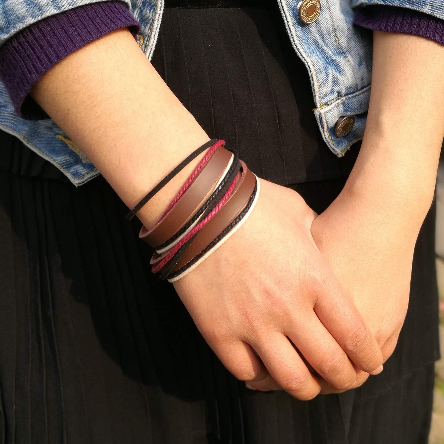 Genuine Leather Bracelet for Women & Men,Unisex Multilayer Leather Adjustable Bracelet Cuff Wrap Multicolor Rope Wristband