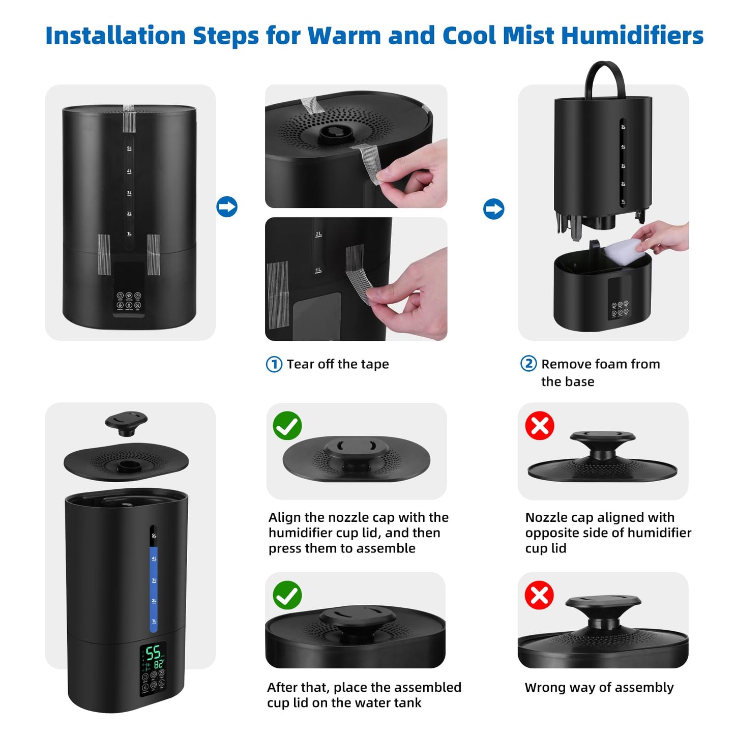 6L Humidifiers for Bedroom Large Room Home, Cool and Warm for Baby and Plants Mist Top Fill Desk Humidifiers Essential Oil Diffuser, Quiet with Adjustable Mist,360°Nozzle-Black