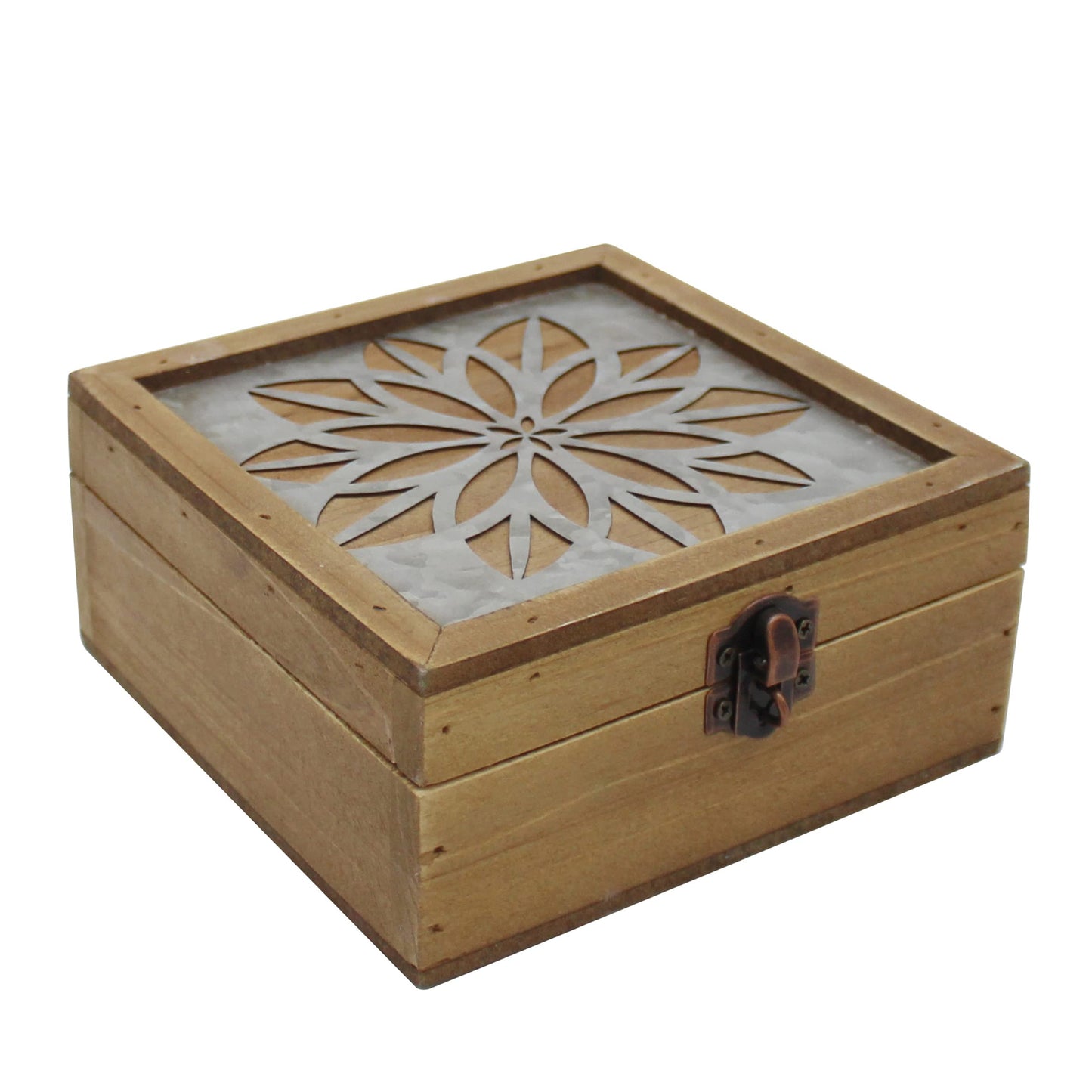 CVHOMEDECO. Rustic Metal Decorative Box Vintage Galvanized Storage Box with Lid and Hinged Square Stash Boxes for Photos, Jewelry, Keepsake and Gifts. Blue